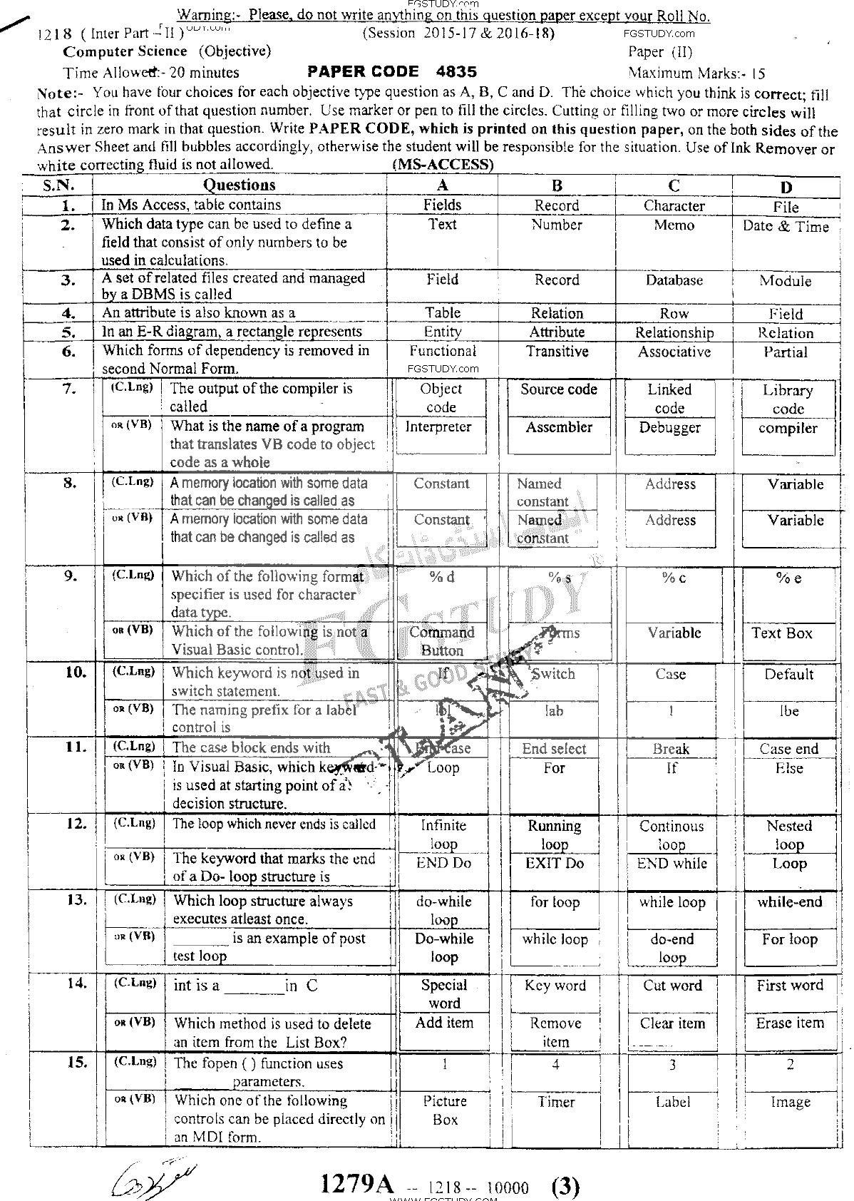 12th Class Computer Science Past Paper 2018 Sargodha Board Objective