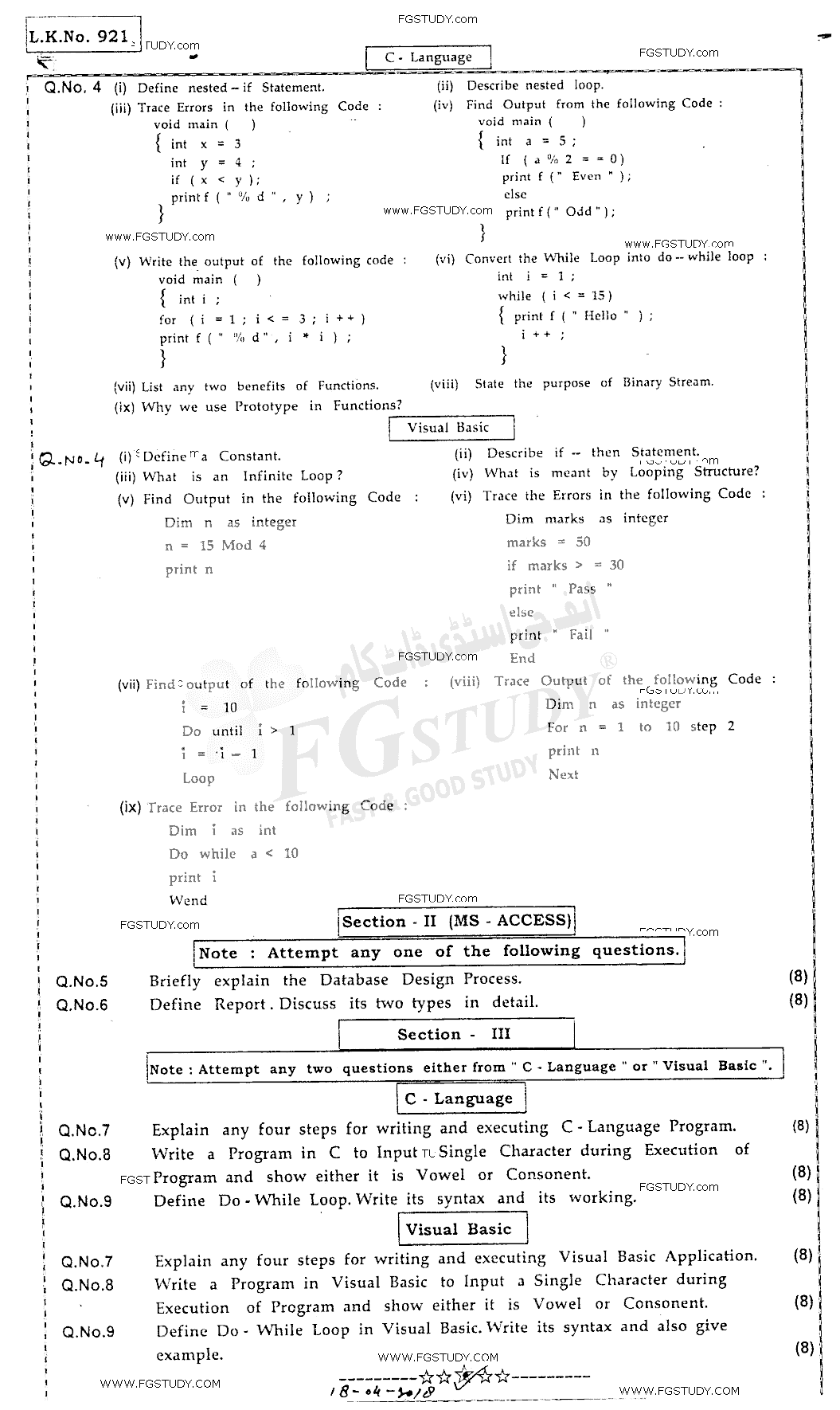 12th Class Computer Science Past Paper 2018 Sargodha Board Subjective
