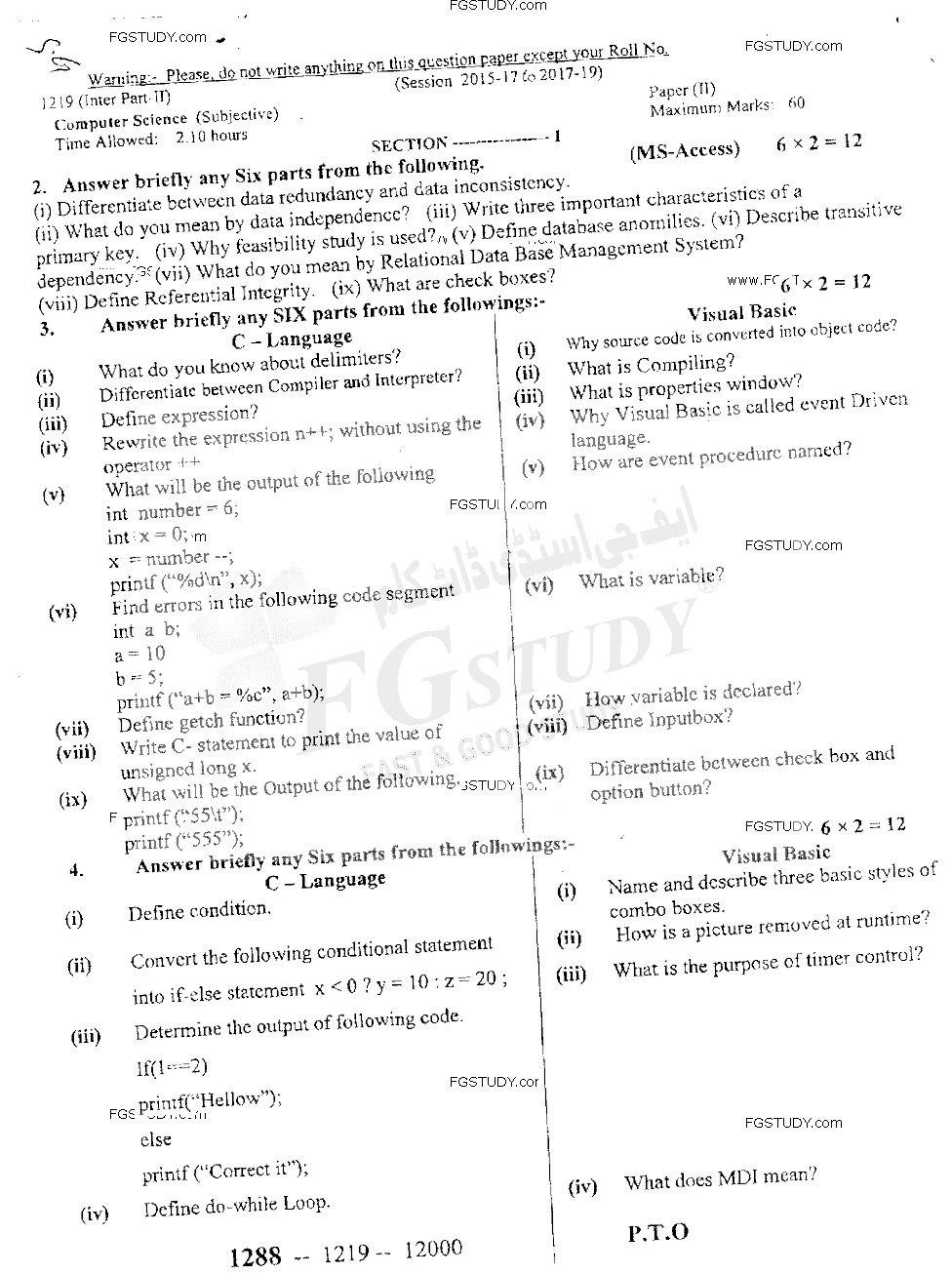 12th Class Computer Science Past Paper 2019 Sargodha Board Subjective