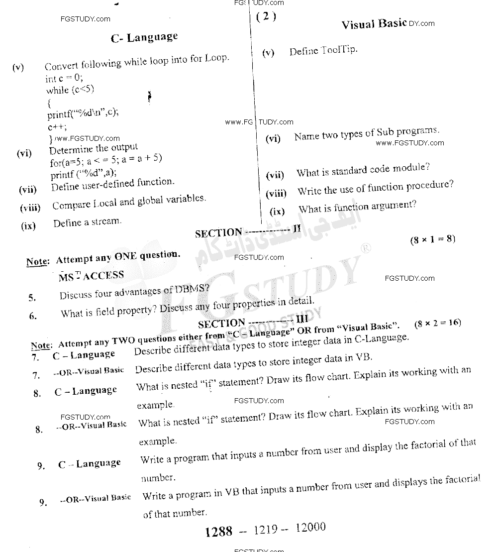 12th Class Computer Science Past Paper 2019 Sargodha Board Subjective
