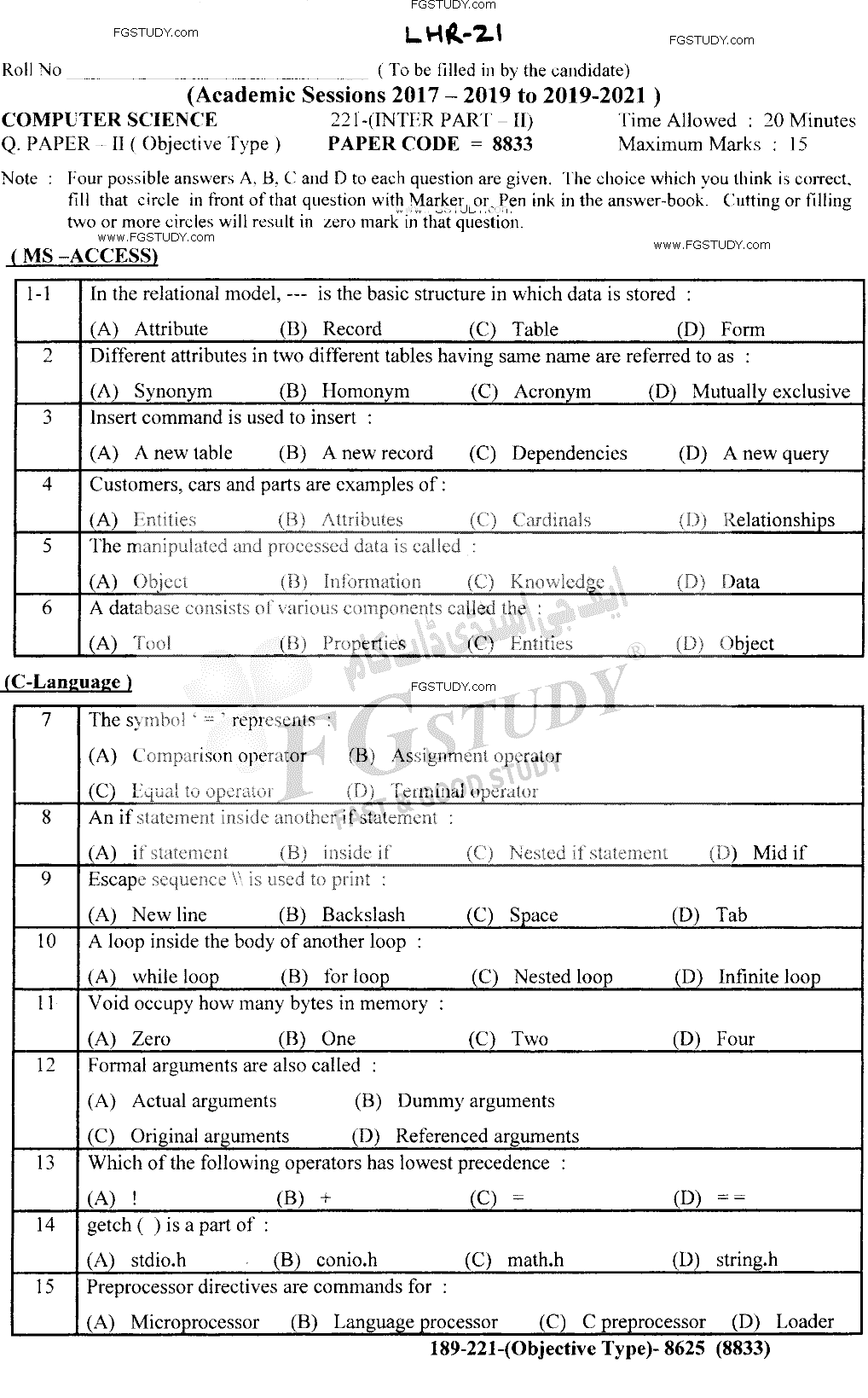 12th Class Computer Science Past Paper 2021 Lahore Board Objective