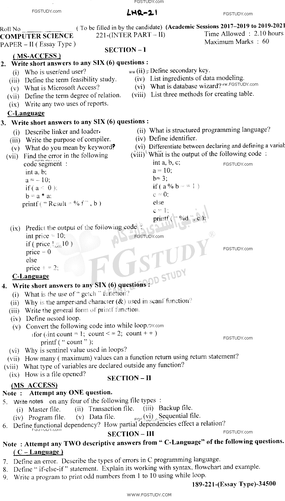 12th Class Computer Science Past Paper 2021 Lahore Board Subjective