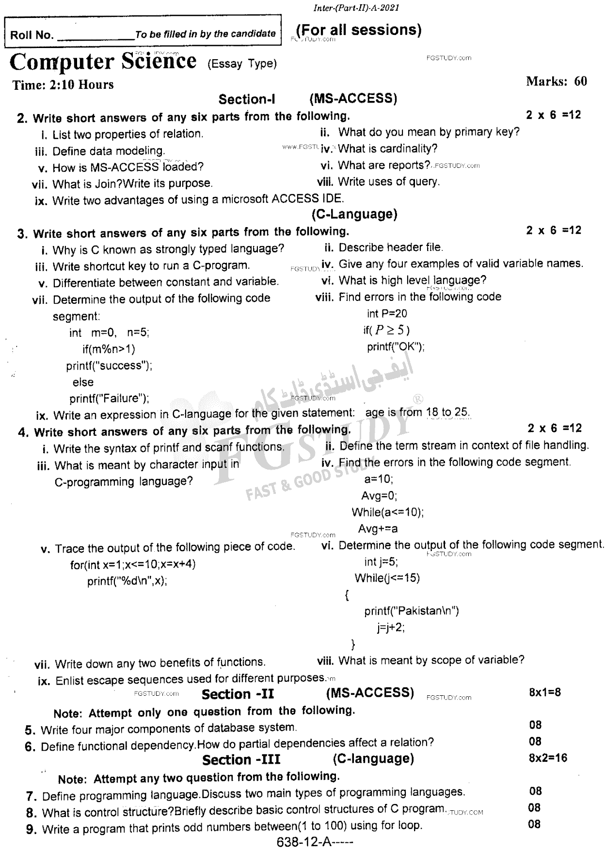 12th Class Computer Science Past Paper 2021 Rawalpindi Board Subjective