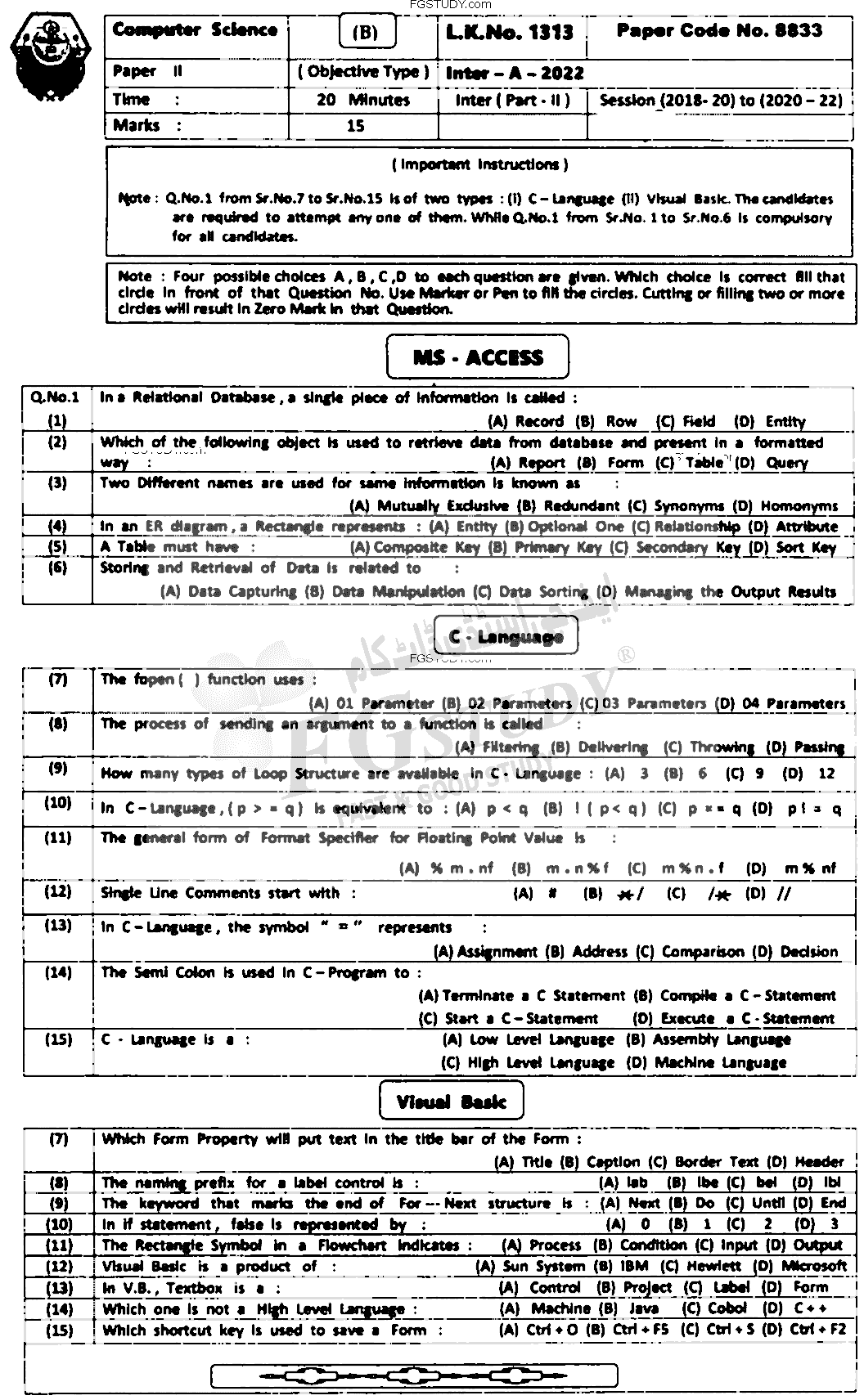 12th Class Computer Science Past Paper 2022 Bahawalpur Board Objective