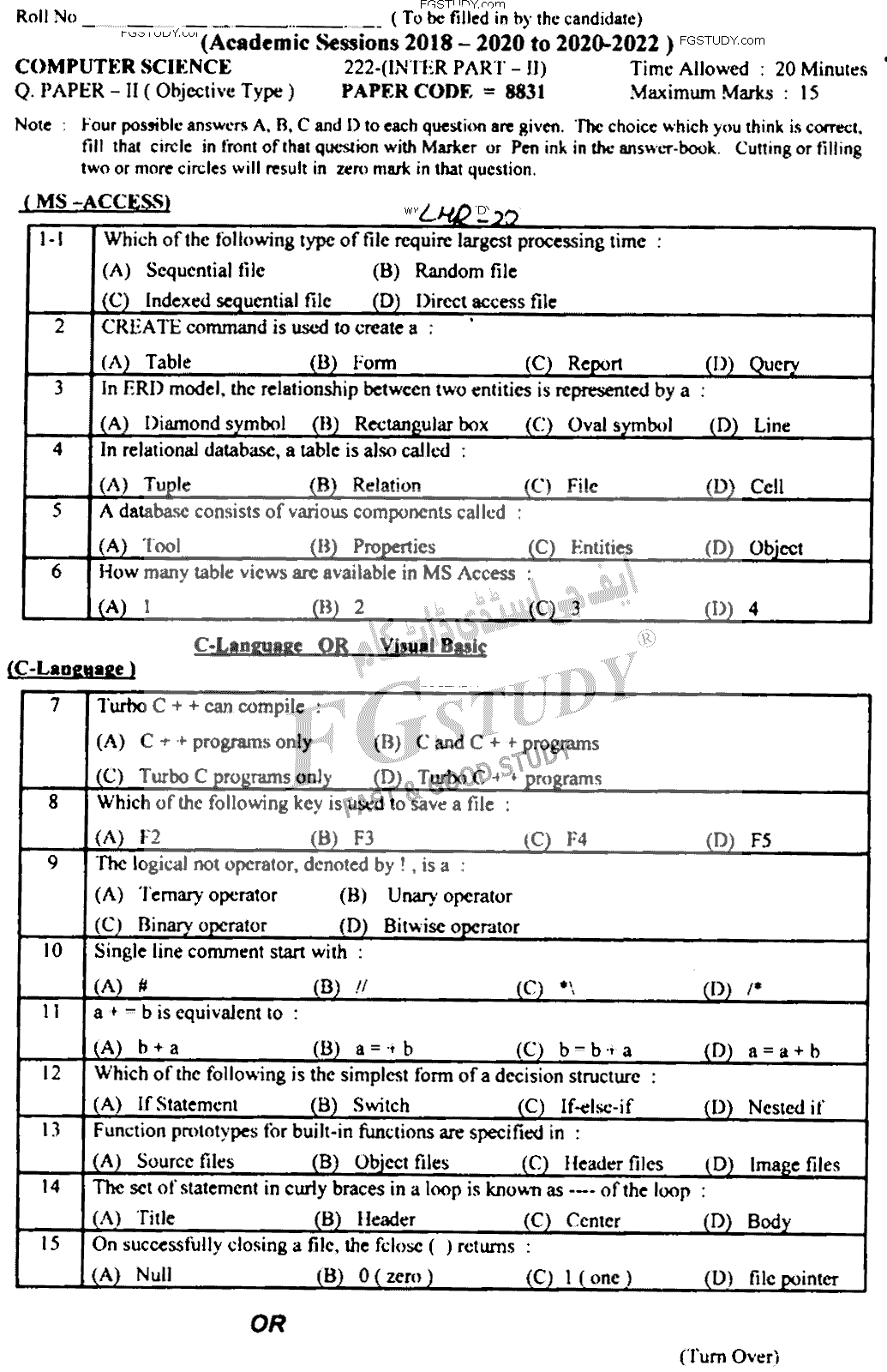 12th Class Computer Science Past Paper 2022 Lahore Board Objective