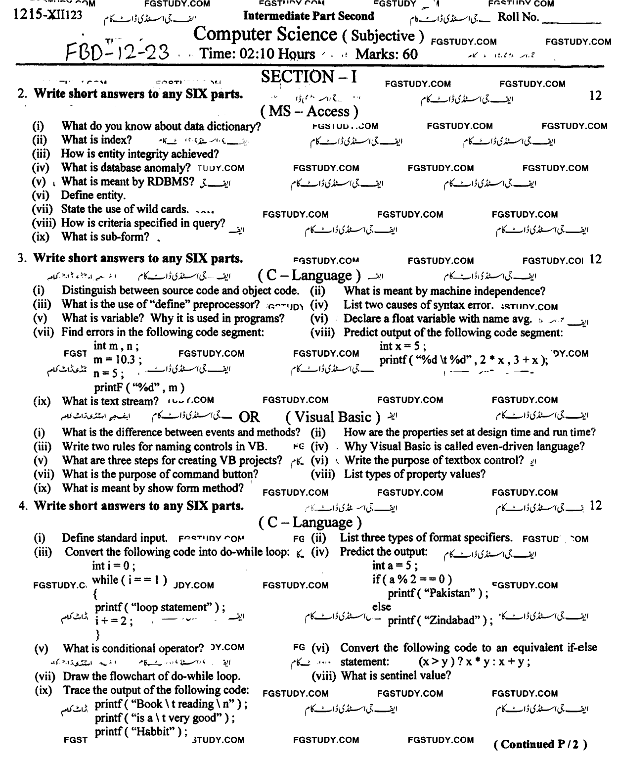 12th Class Computer Science Past Paper 2023 Faisalabad Board Subjective