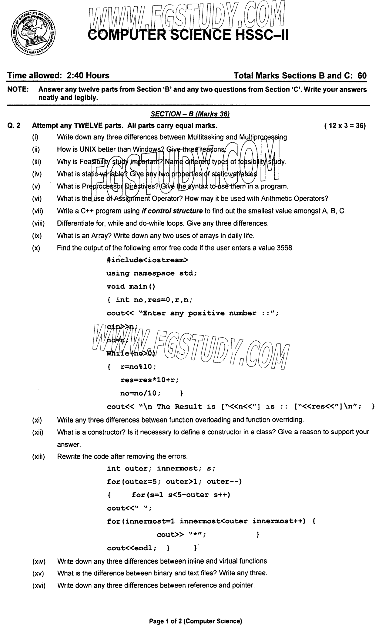 12th Class Computer Science Past Paper 2023 Federal Board Islamabad Subjective