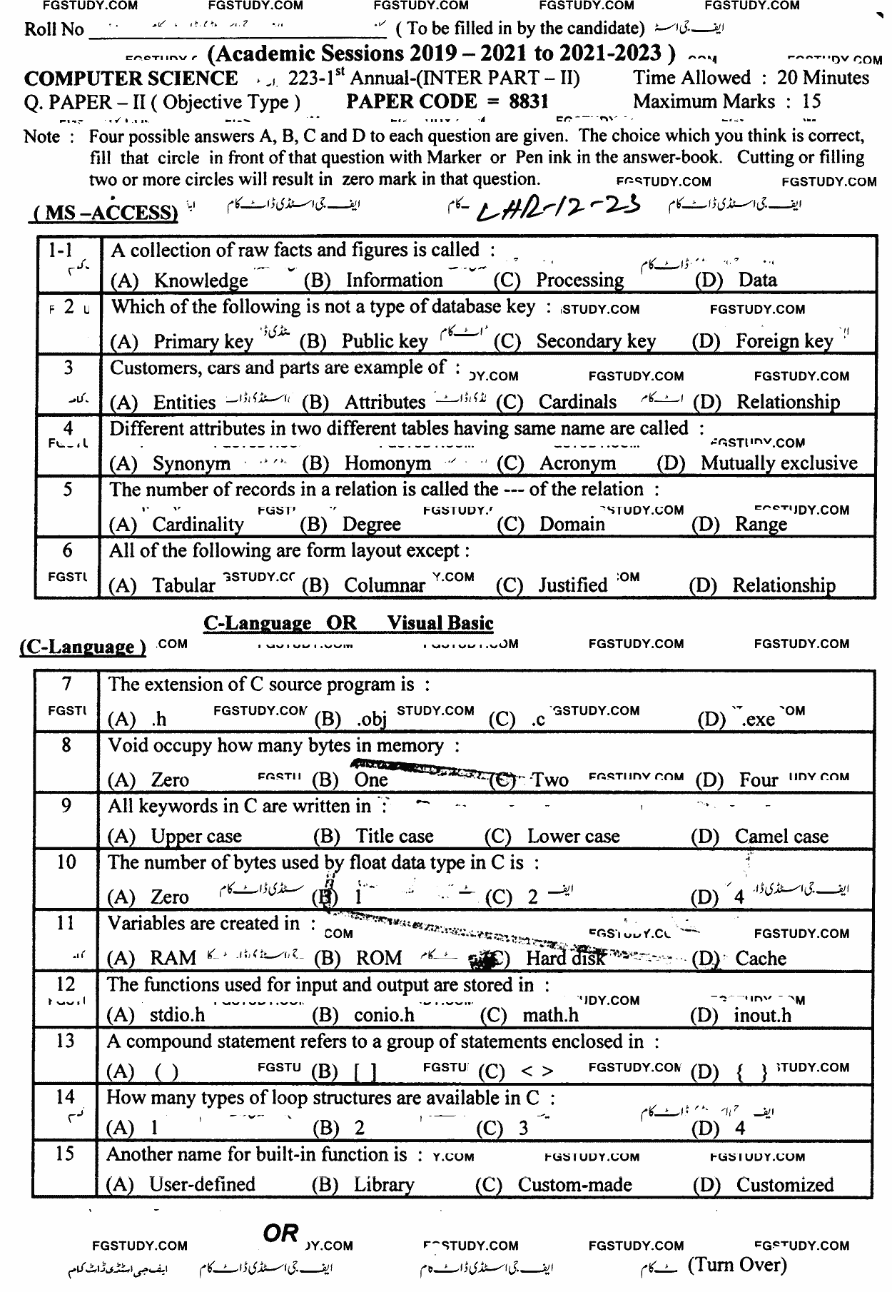12th Class Computer Science Past Paper 2023 Lahore Board Objective