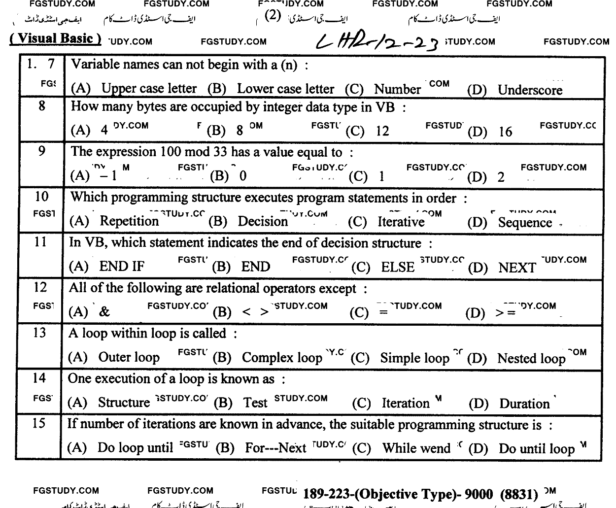 12th Class Computer Science Past Paper 2023 Lahore Board Objective