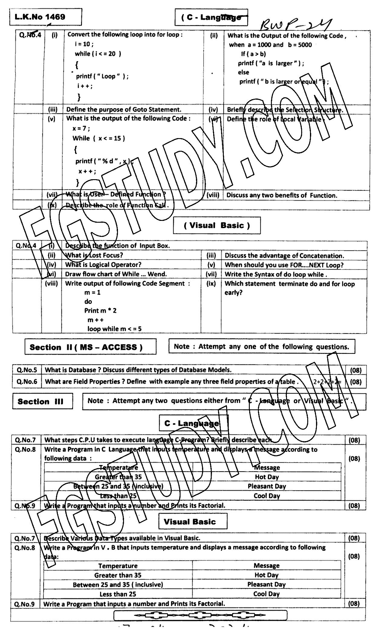 12th Class Computer Science Past Paper 2024 Bahawalpur Board Subjective