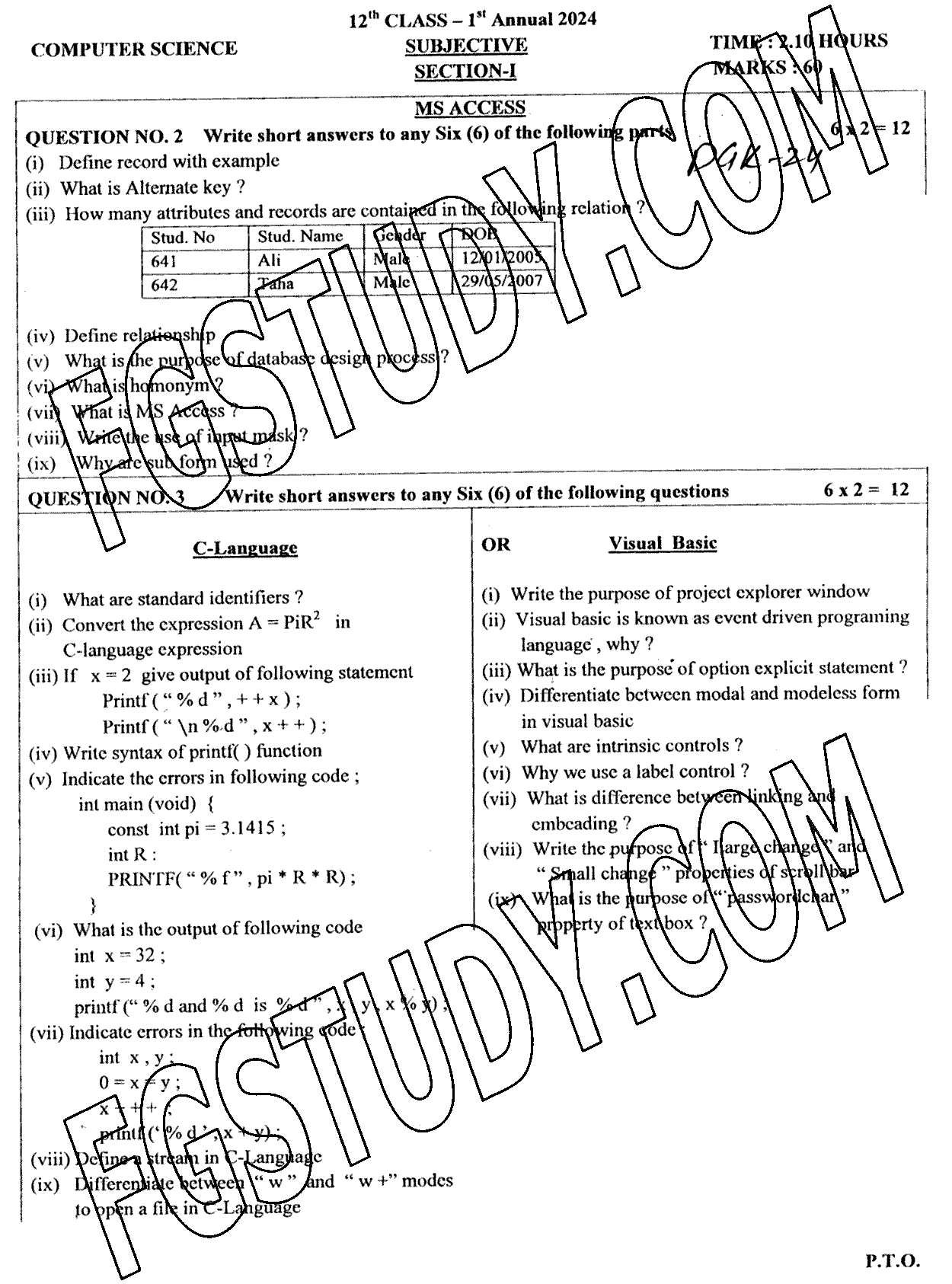 12th Class Computer Science Past Paper 2024 Dg Khan Board Subjective
