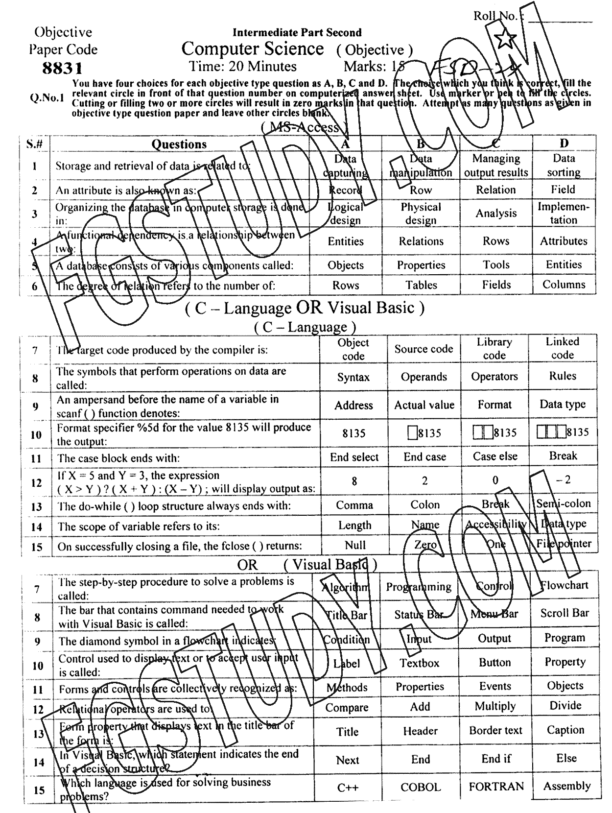 12th Class Computer Science Past Paper 2024 Faisalabad Board Objective