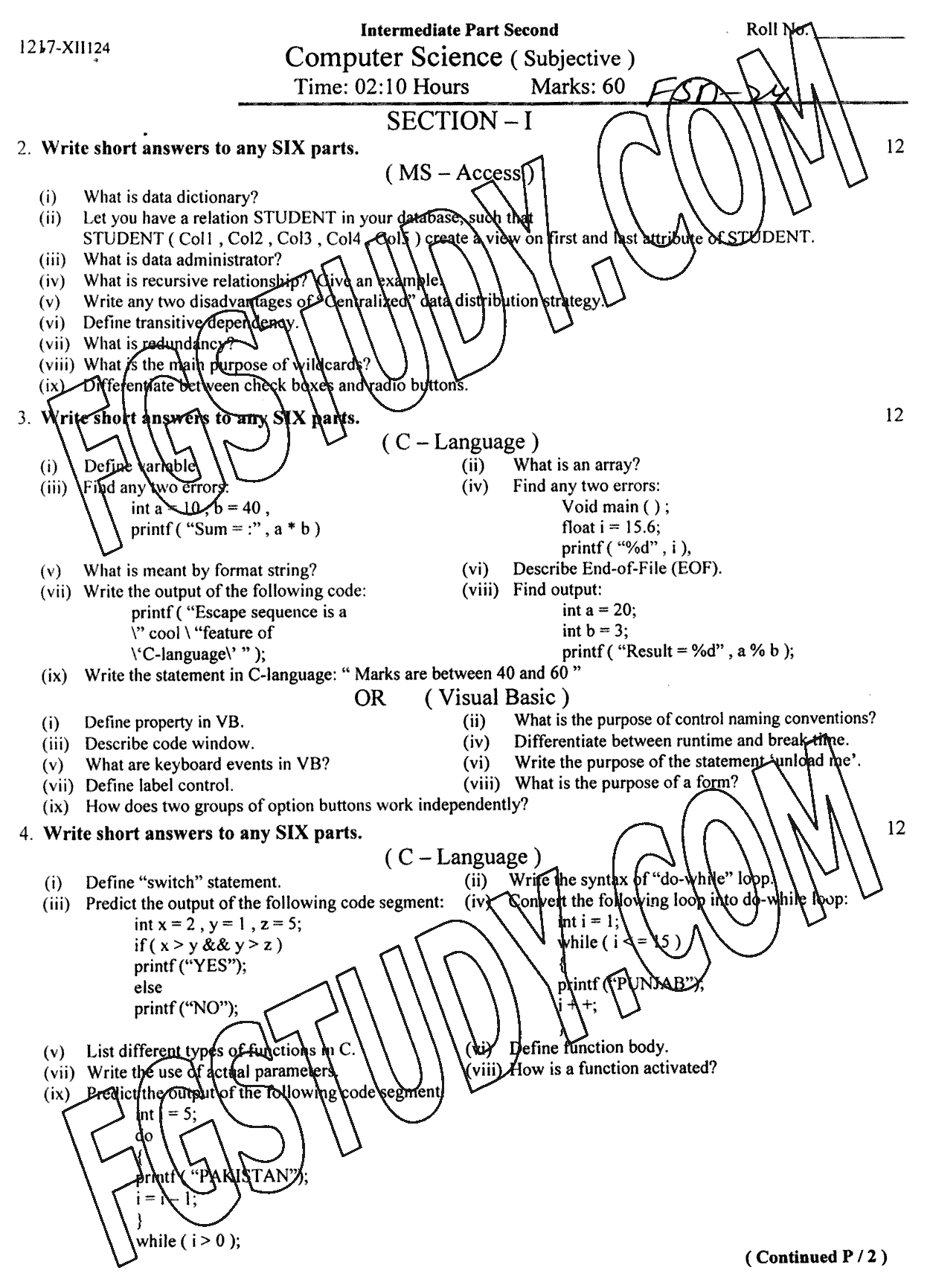 12th Class Computer Science Past Paper 2024 Faisalabad Board Subjective