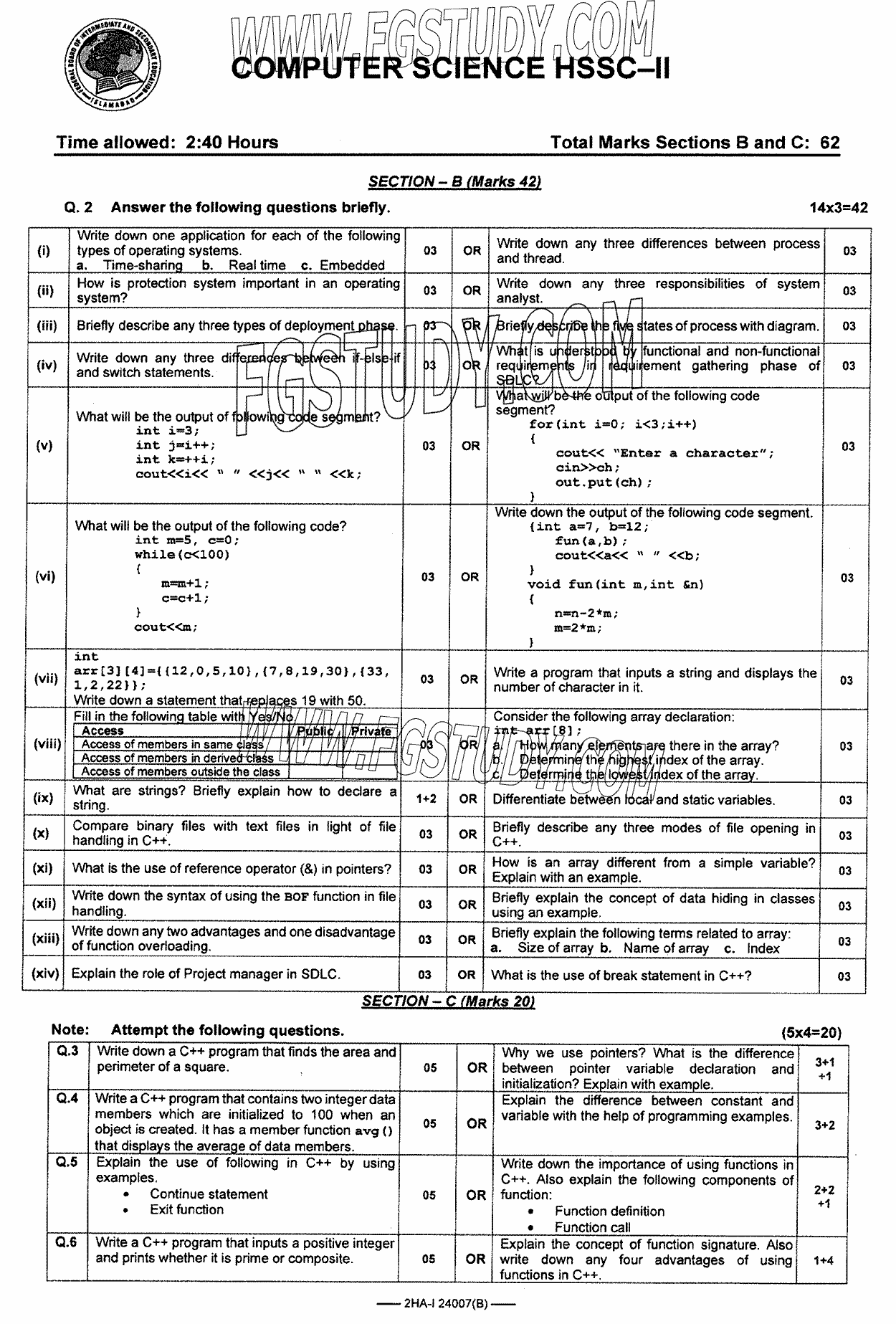 12th Class Computer Science Past Paper 2024 Federal Board Islamabad Group 1 Subjective