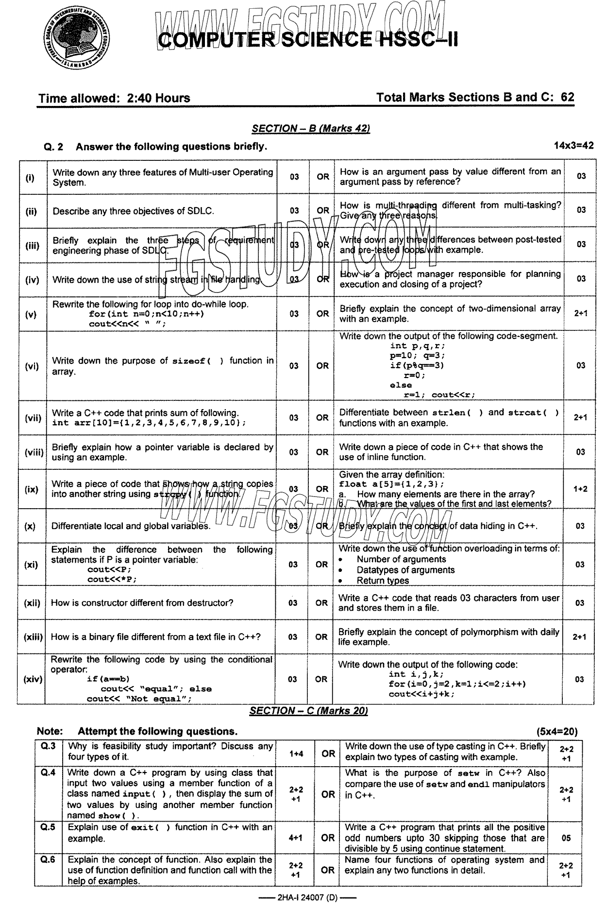 12th Class Computer Science Past Paper 2024 Federal Board Islamabad Group 2 Subjective