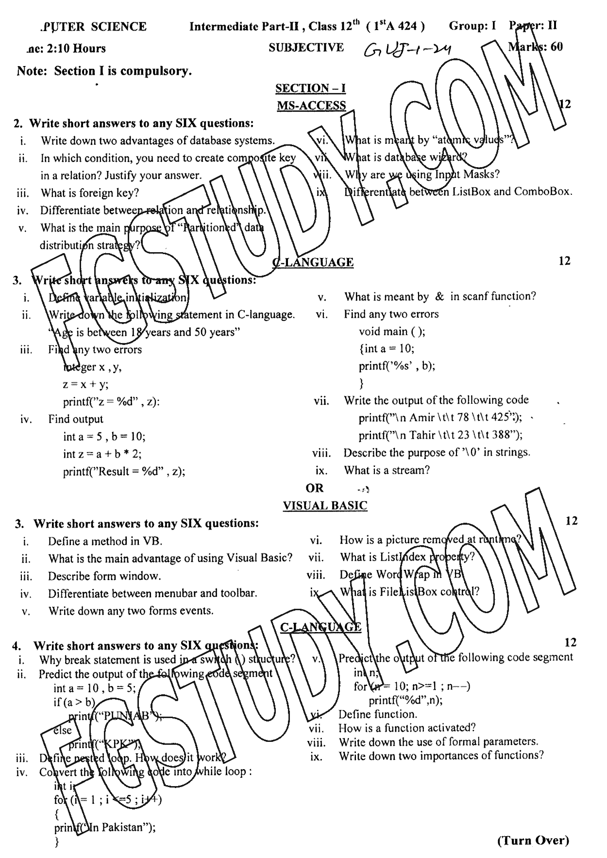 12th Class Computer Science Past Paper 2024 Gujranwala Board Group 1 Subjective