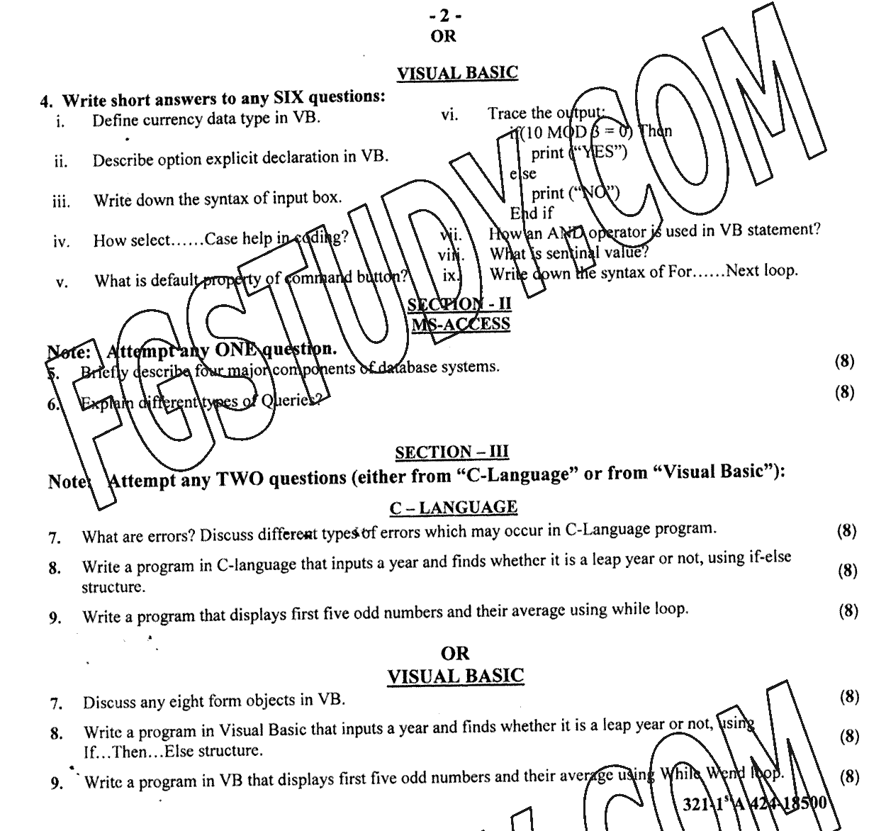 12th Class Computer Science Past Paper 2024 Gujranwala Board Group 1 Subjective