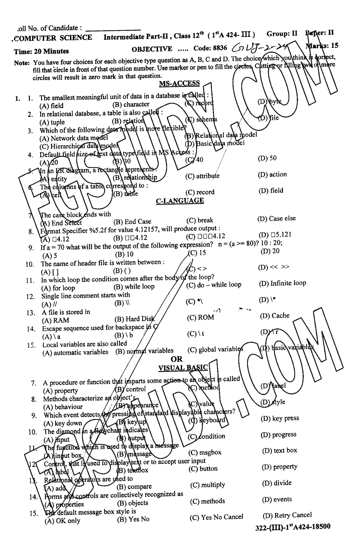 12th Class Computer Science Past Paper 2024 Gujranwala Board Group 2 Objective
