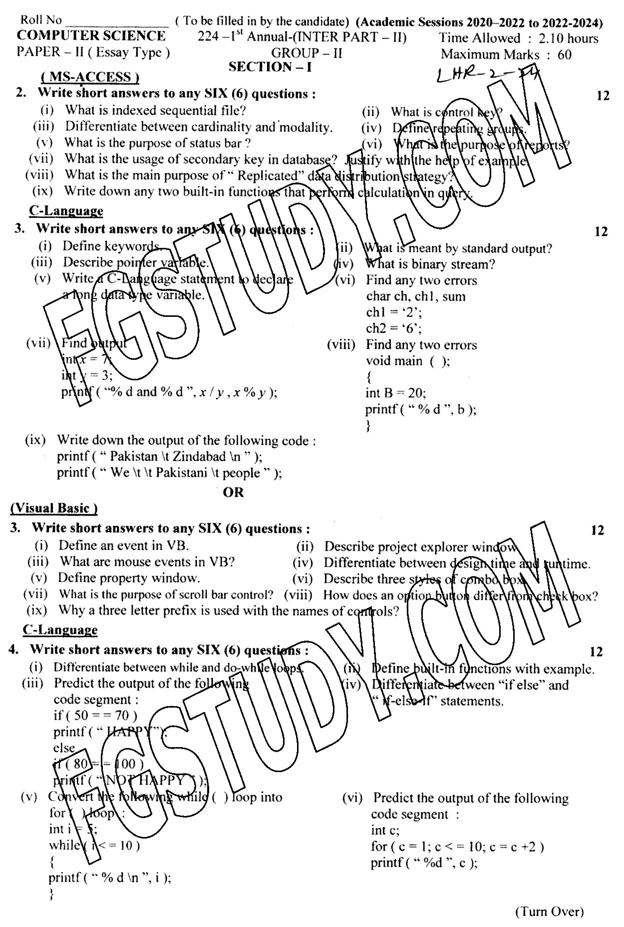 12th Class Computer Science Past Paper 2024 Lahore Board Group 2 Subjective