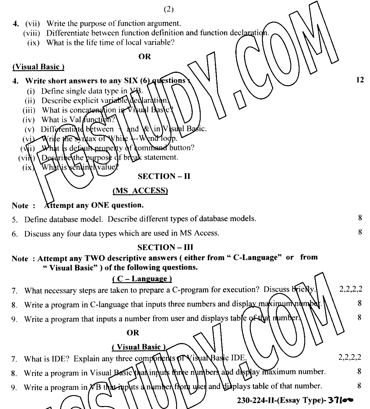 12th Class Computer Science Past Paper 2024 Lahore Board Group 2 Subjective