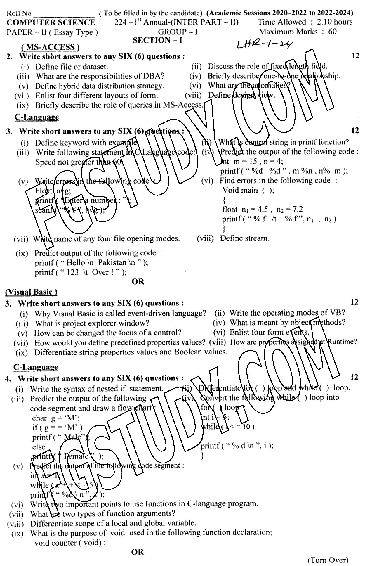 12th Class Computer Science Past Paper 2024 Lahore Board Subjective