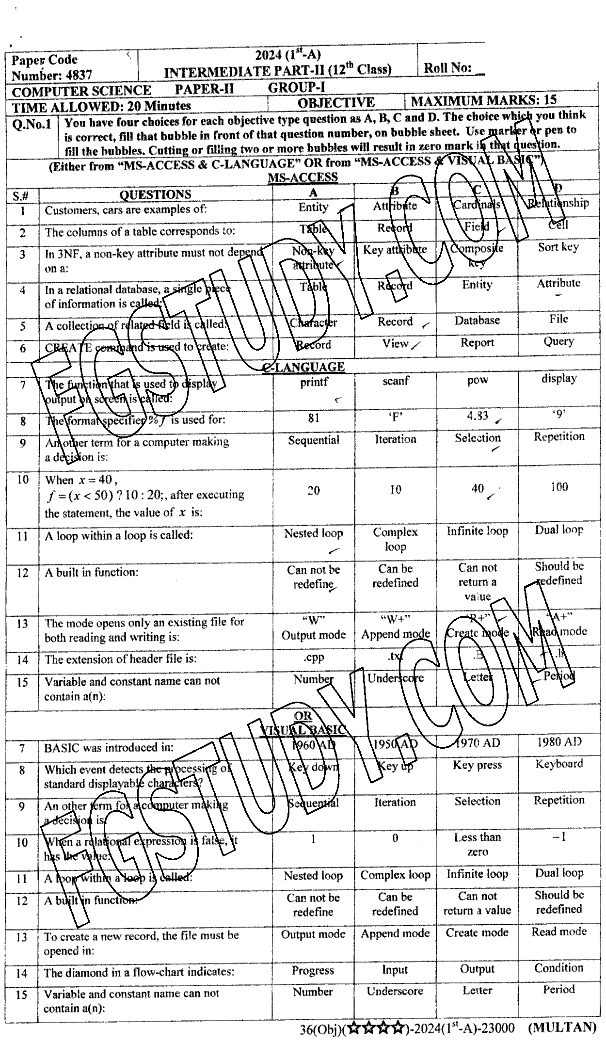 12th Class Computer Science Past Paper 2024 Multan Board Group 1 Objective