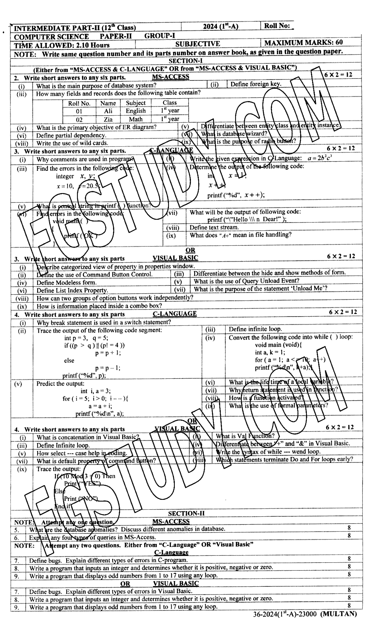 12th Class Computer Science Past Paper 2024 Multan Board Group 1 Subjective