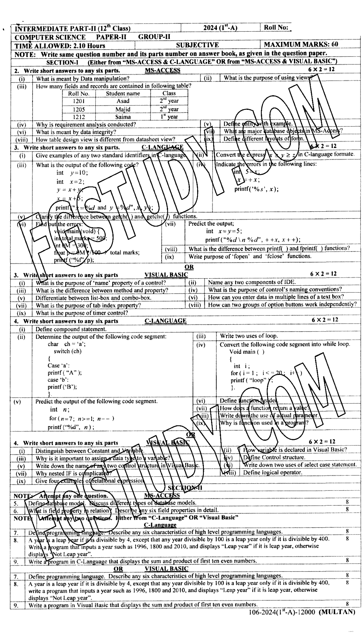 12th Class Computer Science Past Paper 2024 Multan Board Group 2 Subjective