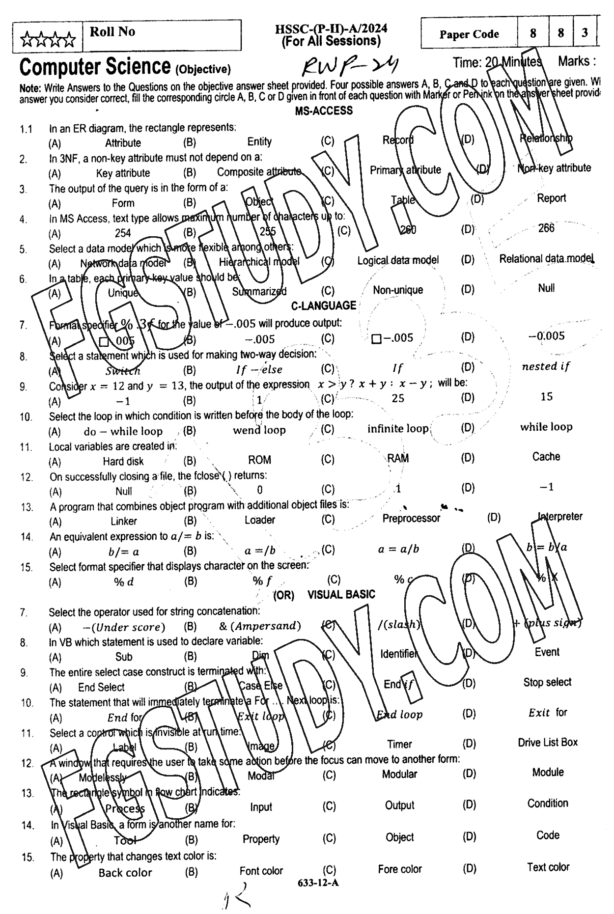 12th Class Computer Science Past Paper 2024 Rawalpindi Board Objective
