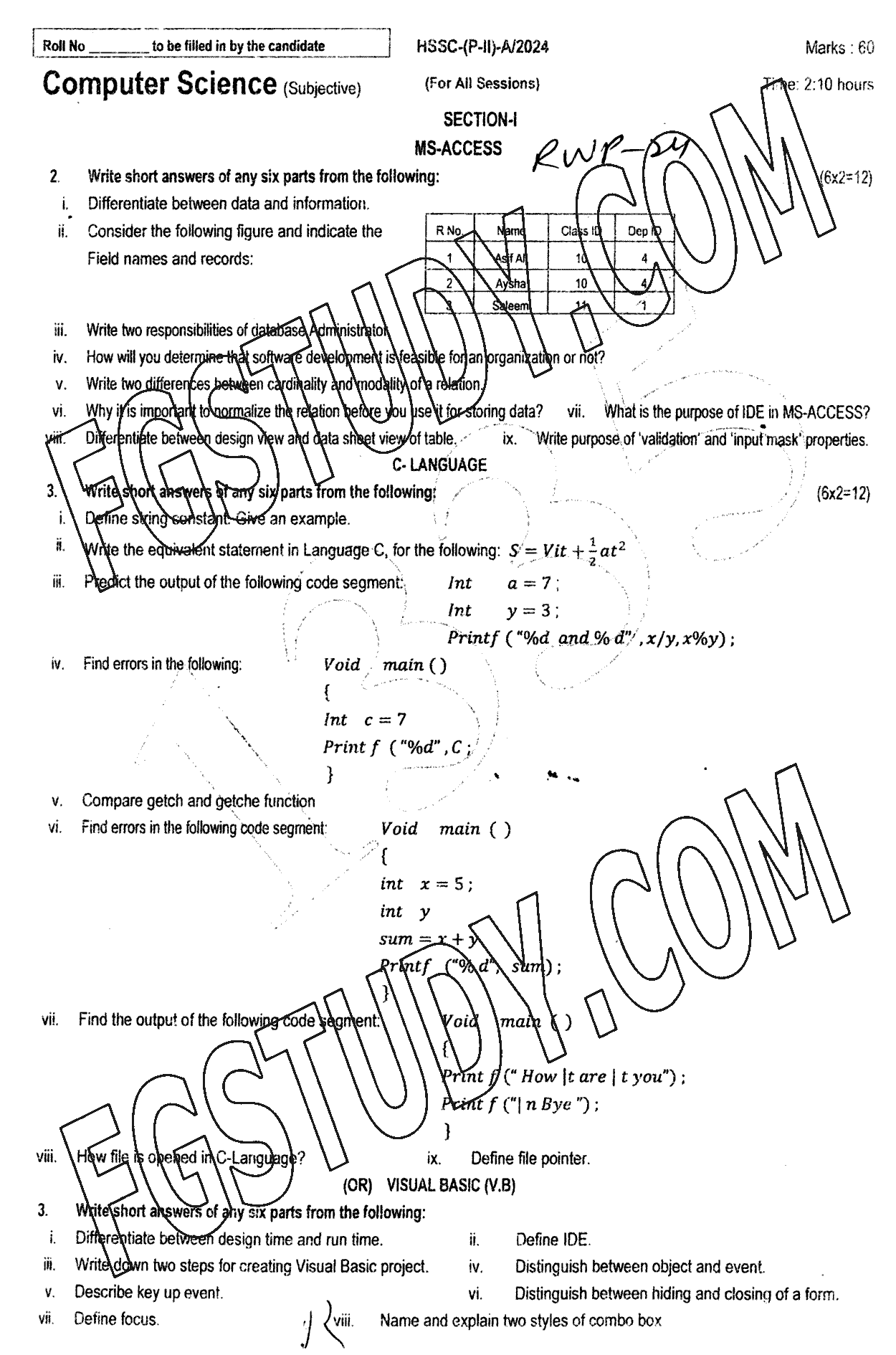 12th Class Computer Science Past Paper 2024 Rawalpindi Board Subjective