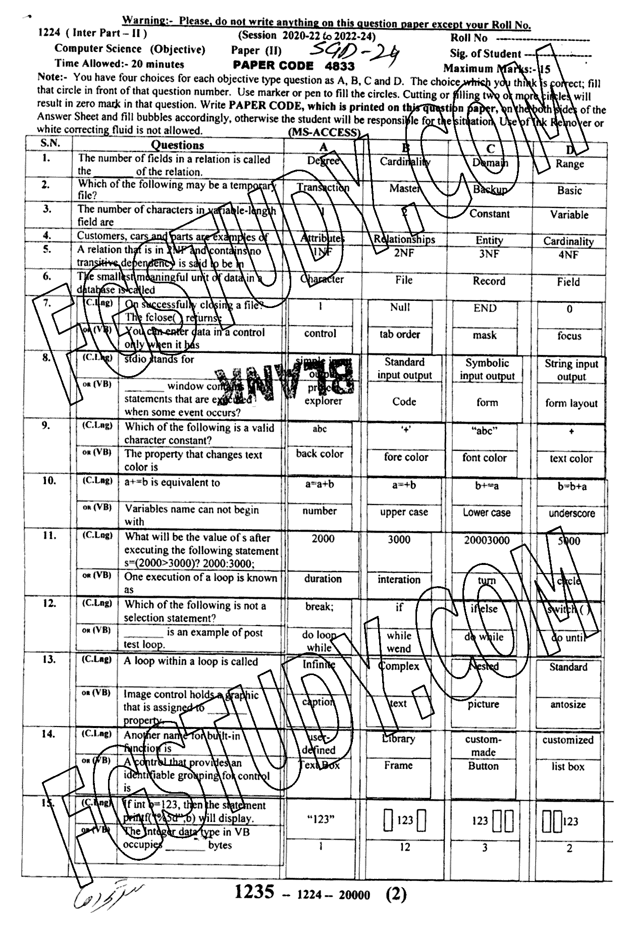 12th Class Computer Science Past Paper 2024 Sargodha Board Objective