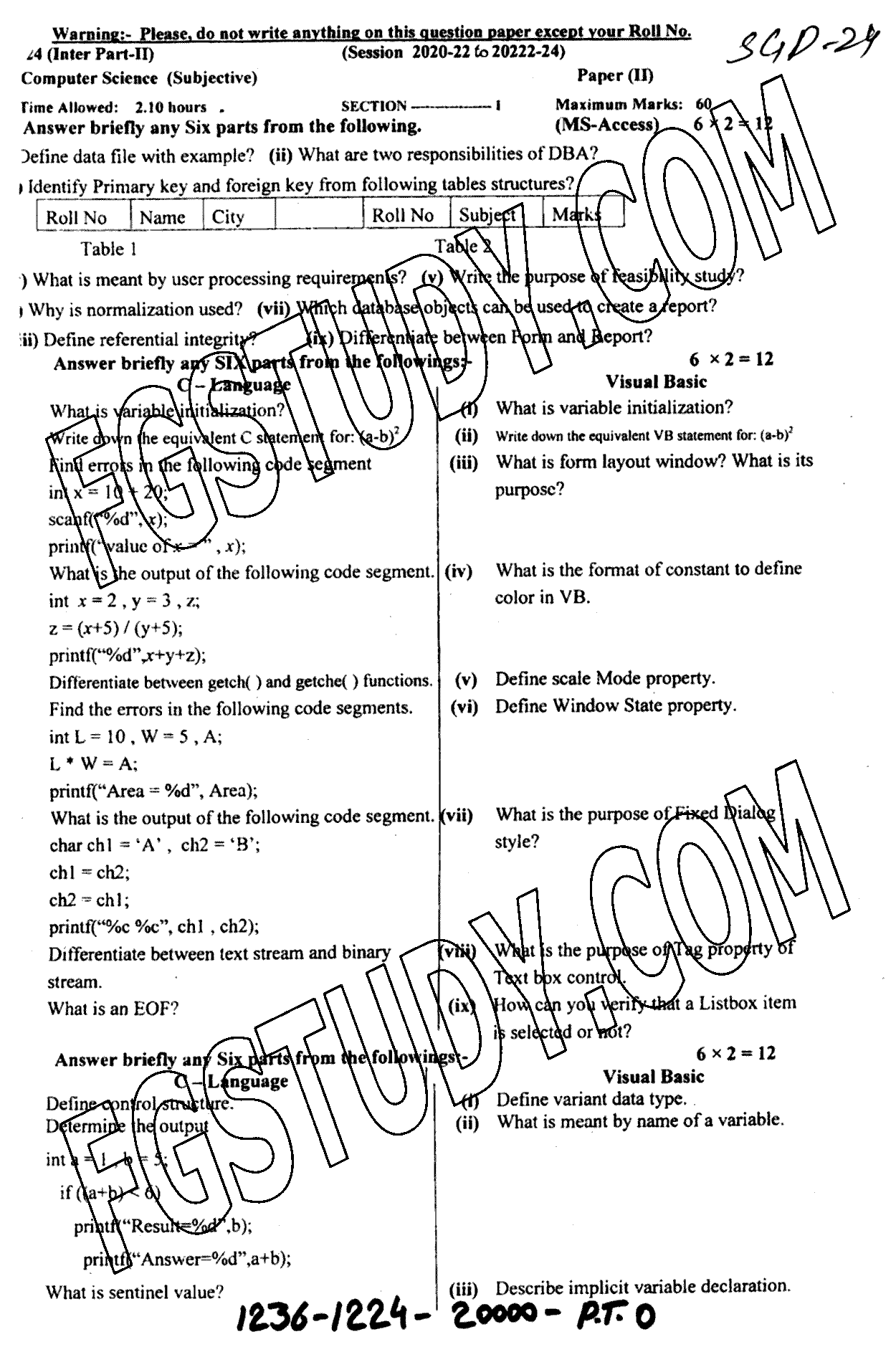 12th Class Computer Science Past Paper 2024 Sargodha Board Subjective