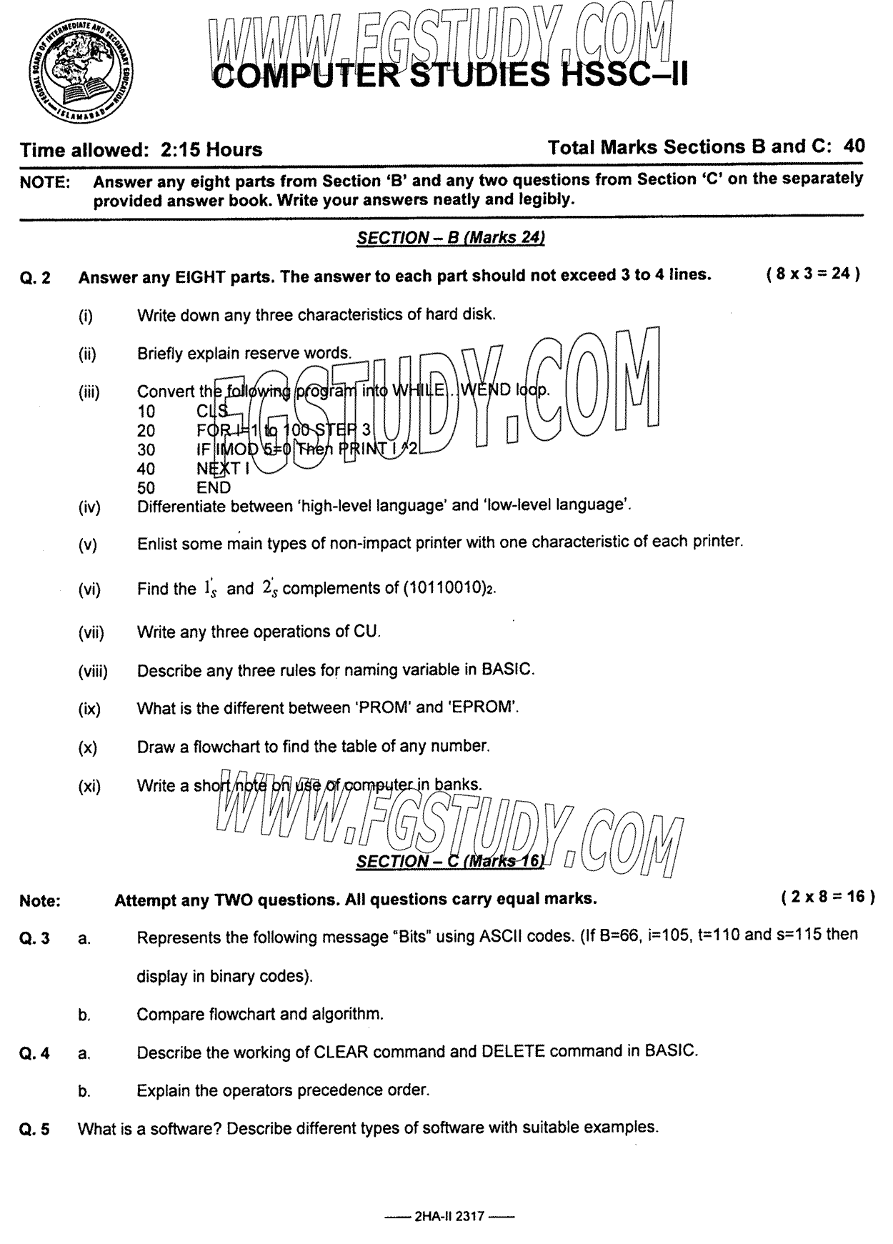 12th Class Computer Studies Past Paper 2023 Federal Board Islamabad Subjective
