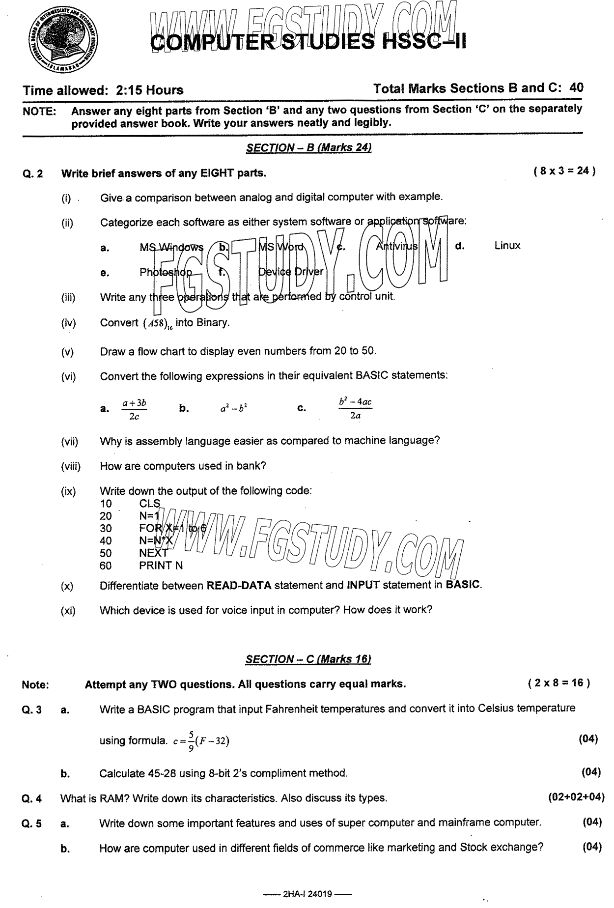 12th Class Computer Studies Past Paper 2024 Federal Board Islamabad Subjective