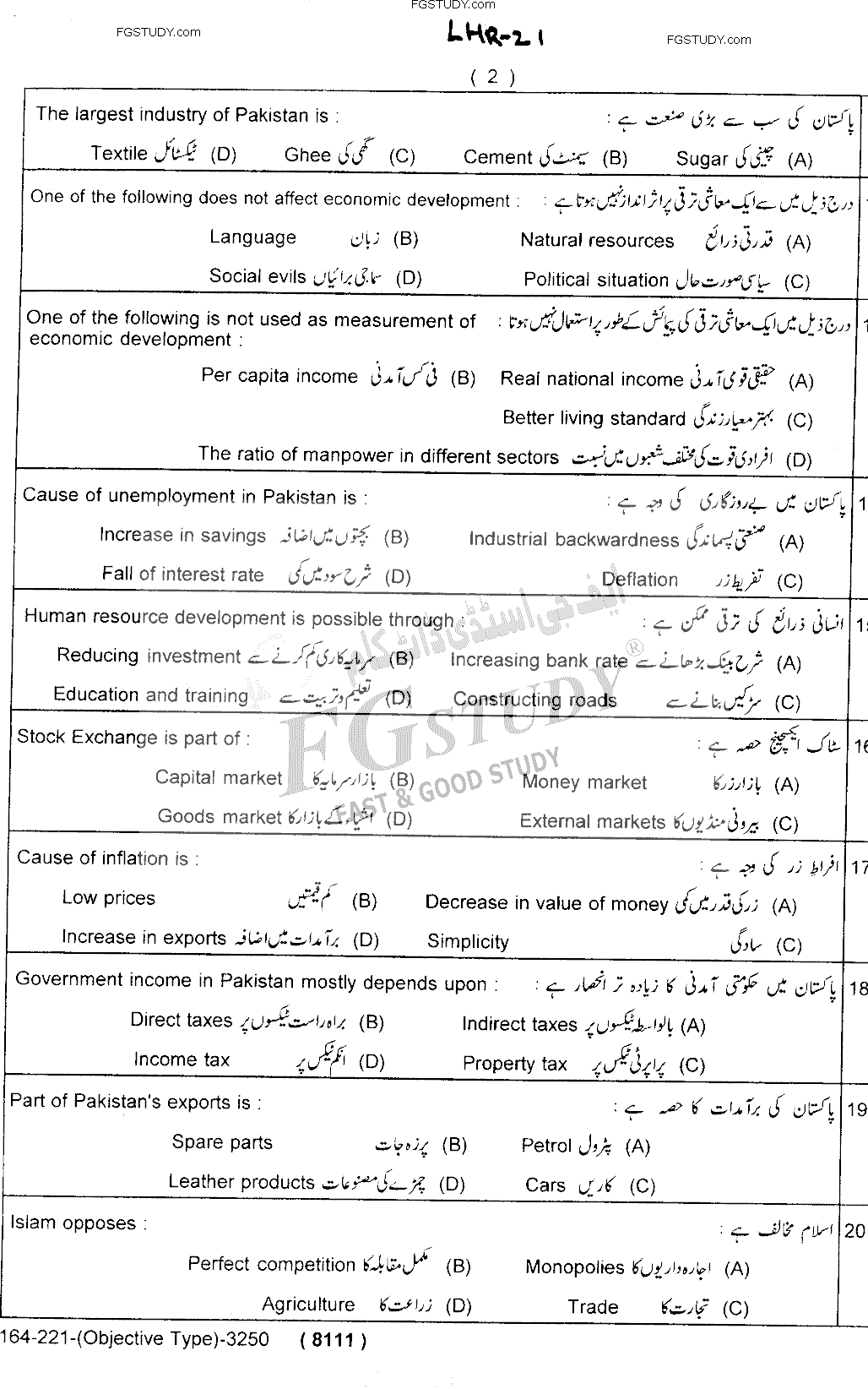 12th Class Economics Past Paper 2021 Lahore Board Objective