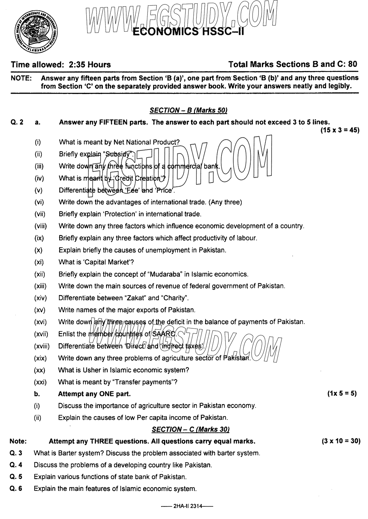 12th Class Economics Past Paper 2023 Federal Board Islamabad Subjective