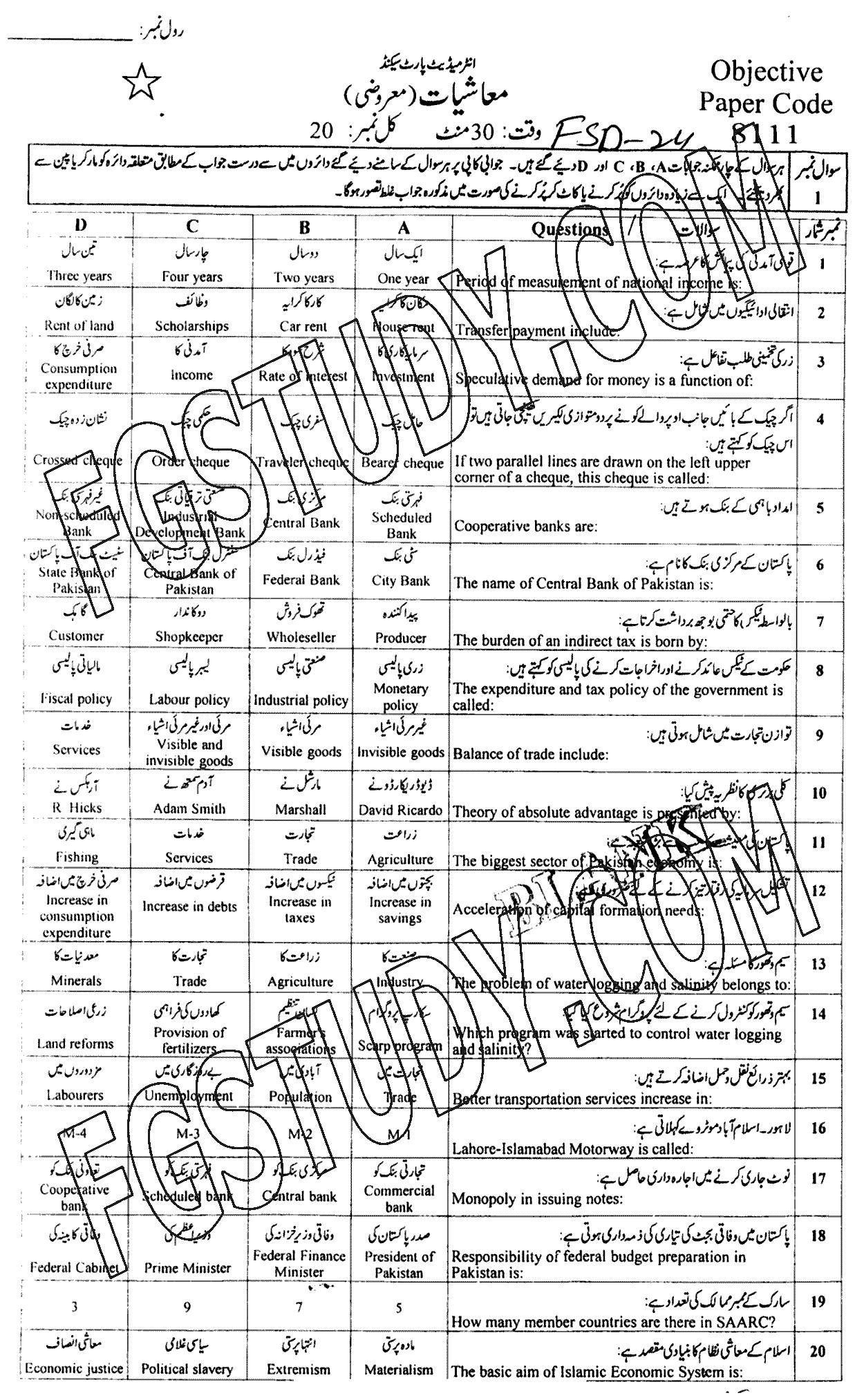 12th Class Economics Past Paper 2024 Faisalabad Board Objective