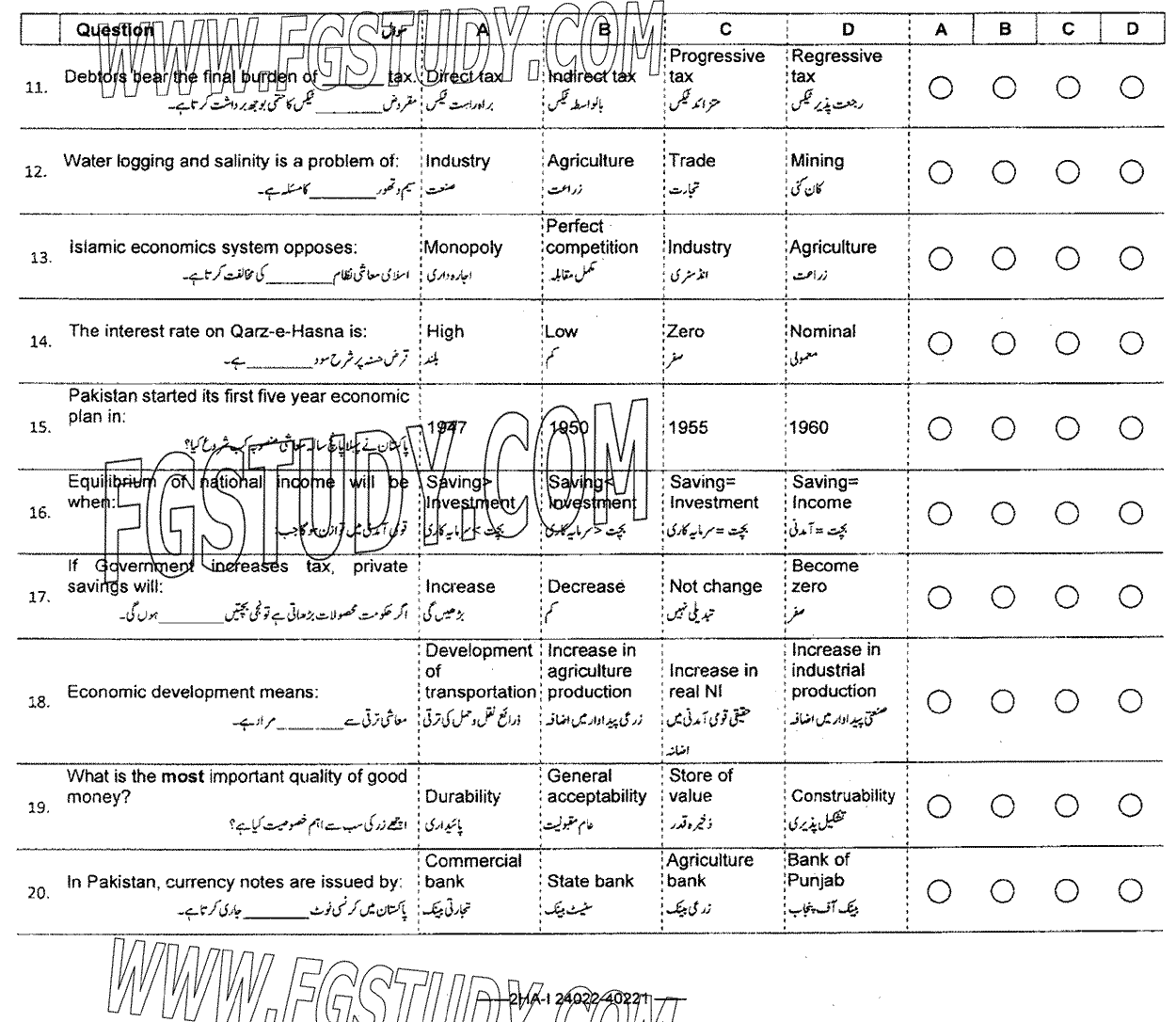 12th Class Economics Past Paper 2024 Federal Board Islamabad Objective