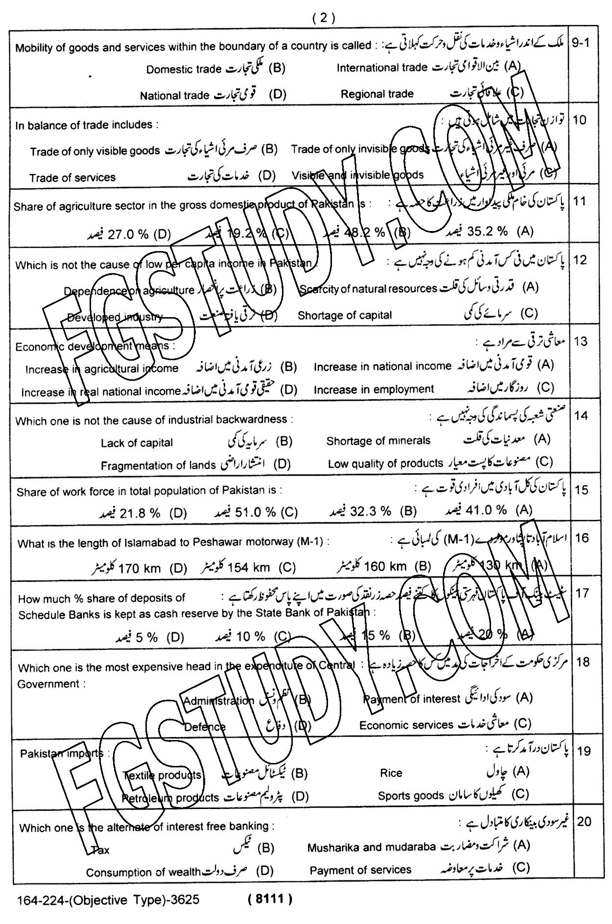 12th Class Economics Past Paper 2024 Lahore Board Objective