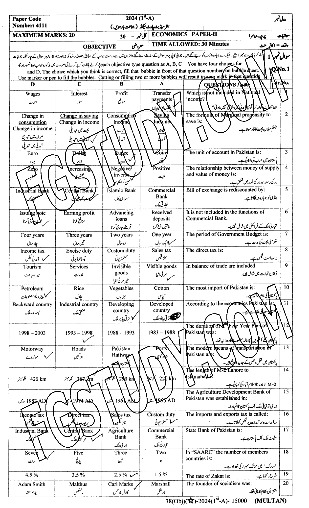 12th Class Economics Past Paper 2024 Multan Board Objective