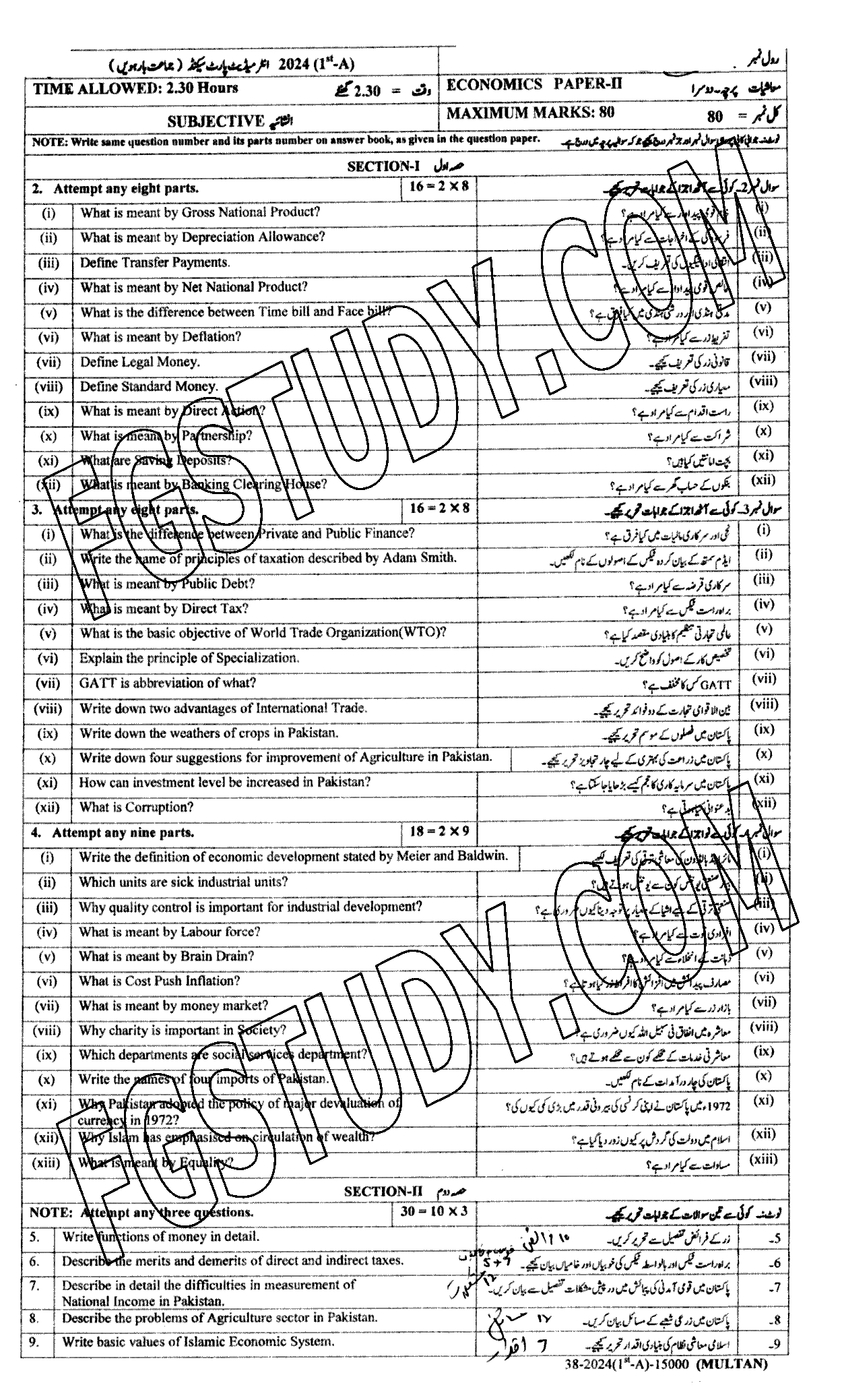 12th Class Economics Past Paper 2024 Multan Board Subjective