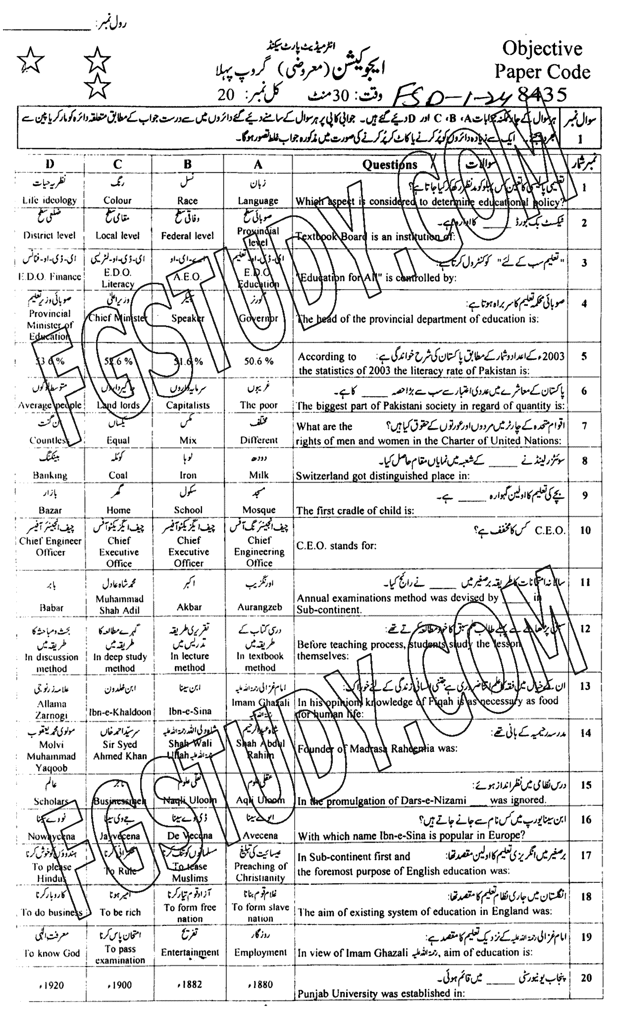 12th Class Education Past Paper 2024 Faisalabad Board Group 1 Objective