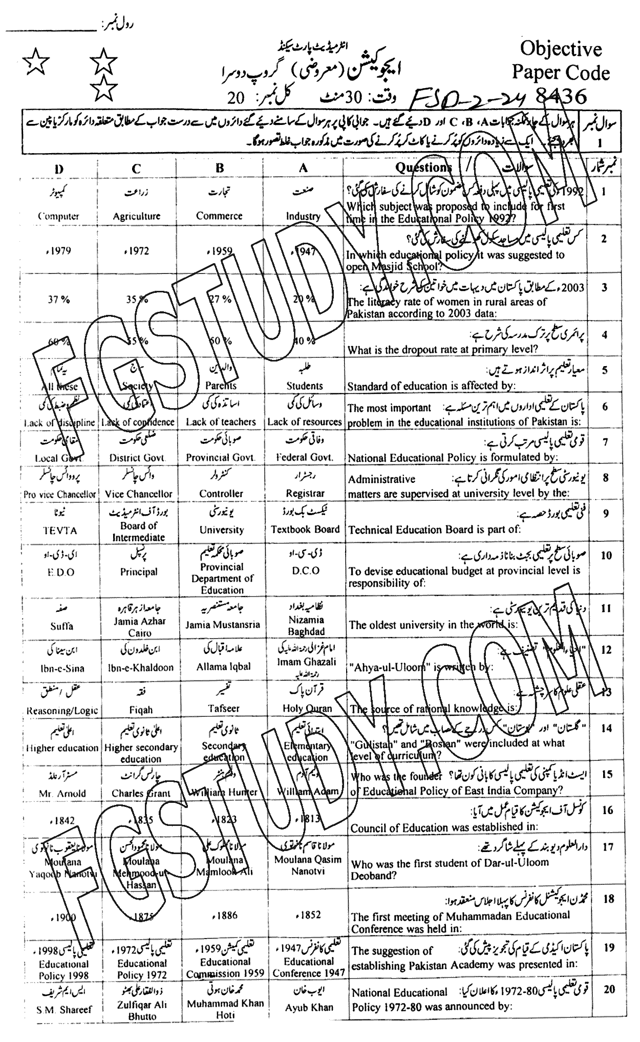 12th Class Education Past Paper 2024 Faisalabad Board Group 2 Objective