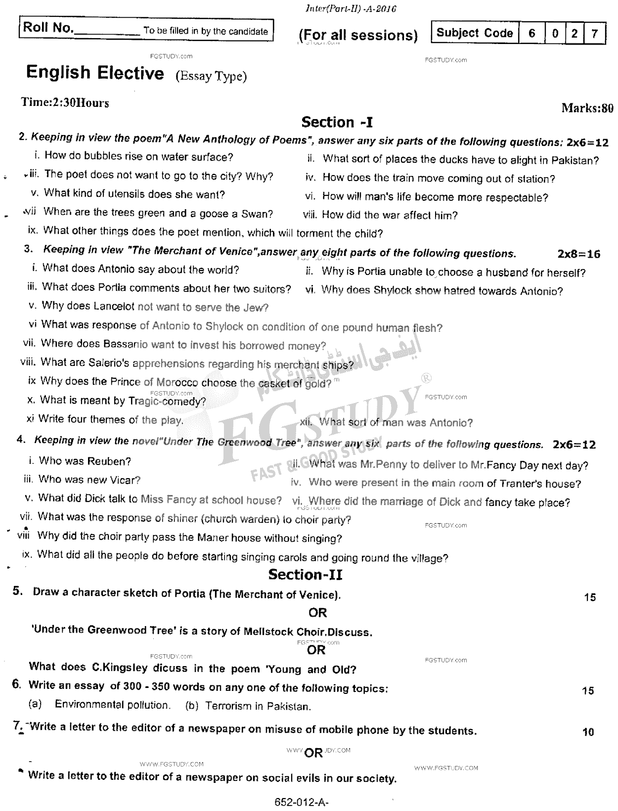 12th Class English Elective Past Paper 2016 Rawalpindi Board Subjective