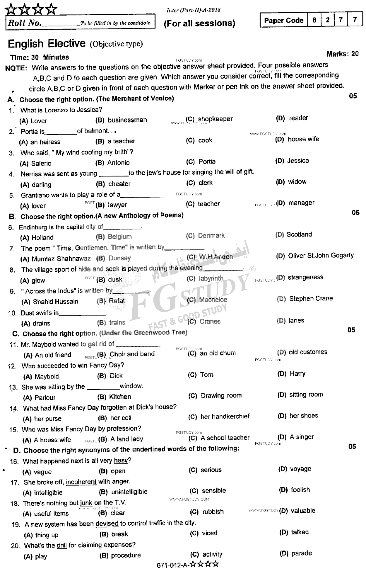 12th Class English Elective Past Paper 2018 Rawalpindi Board Objective