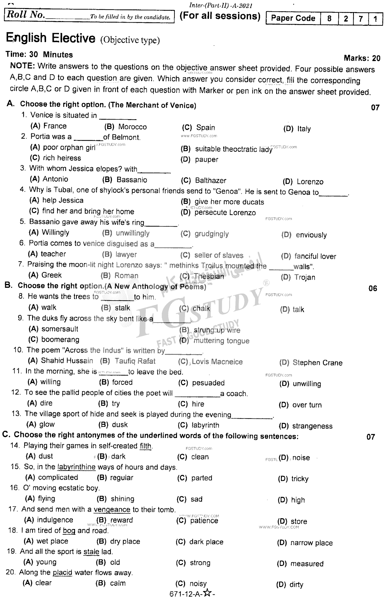 12th Class English Elective Past Paper 2021 Rawalpindi Board Objective