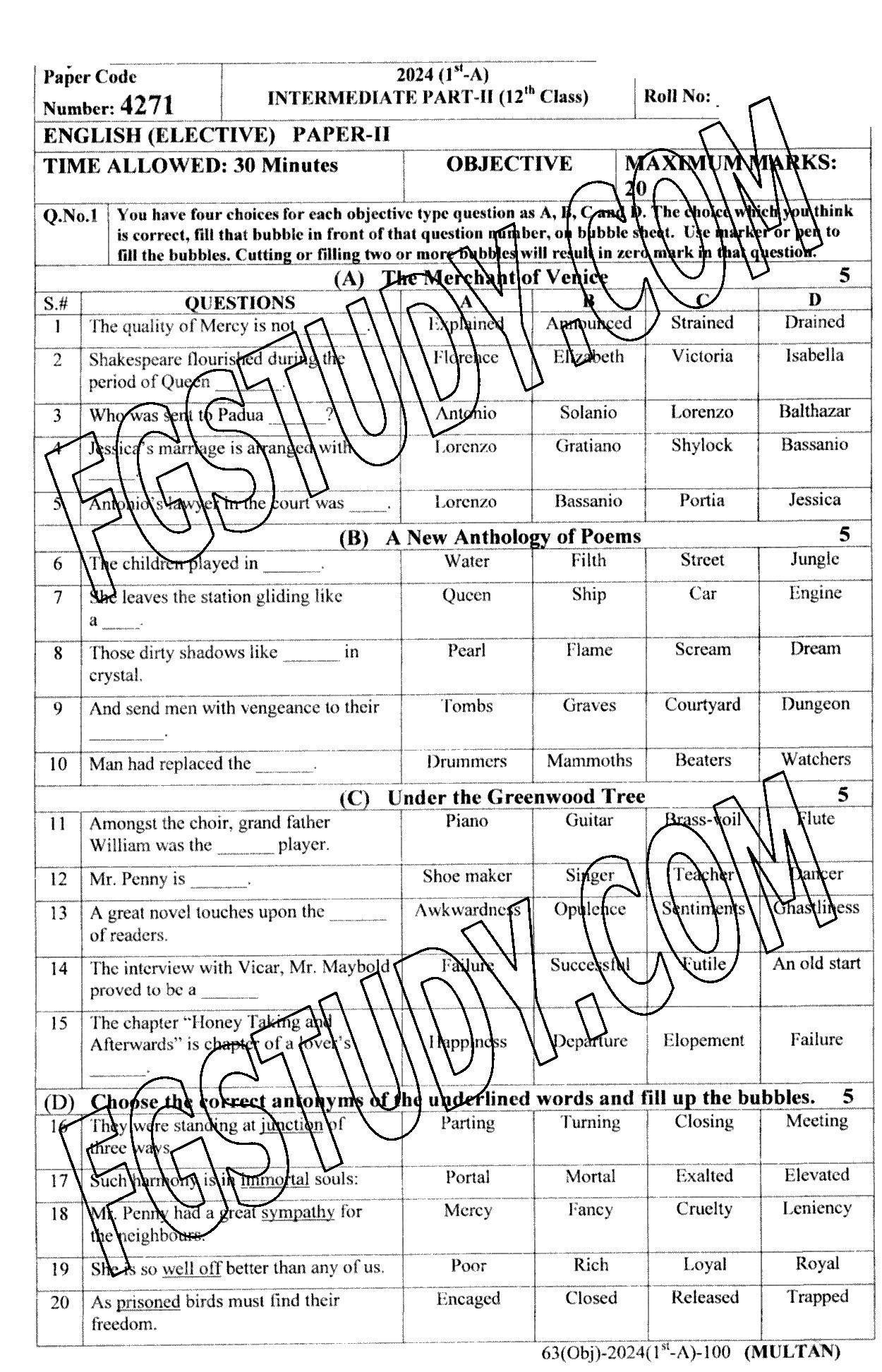 12th Class English Elective Past Paper 2024 Multan Board Objective