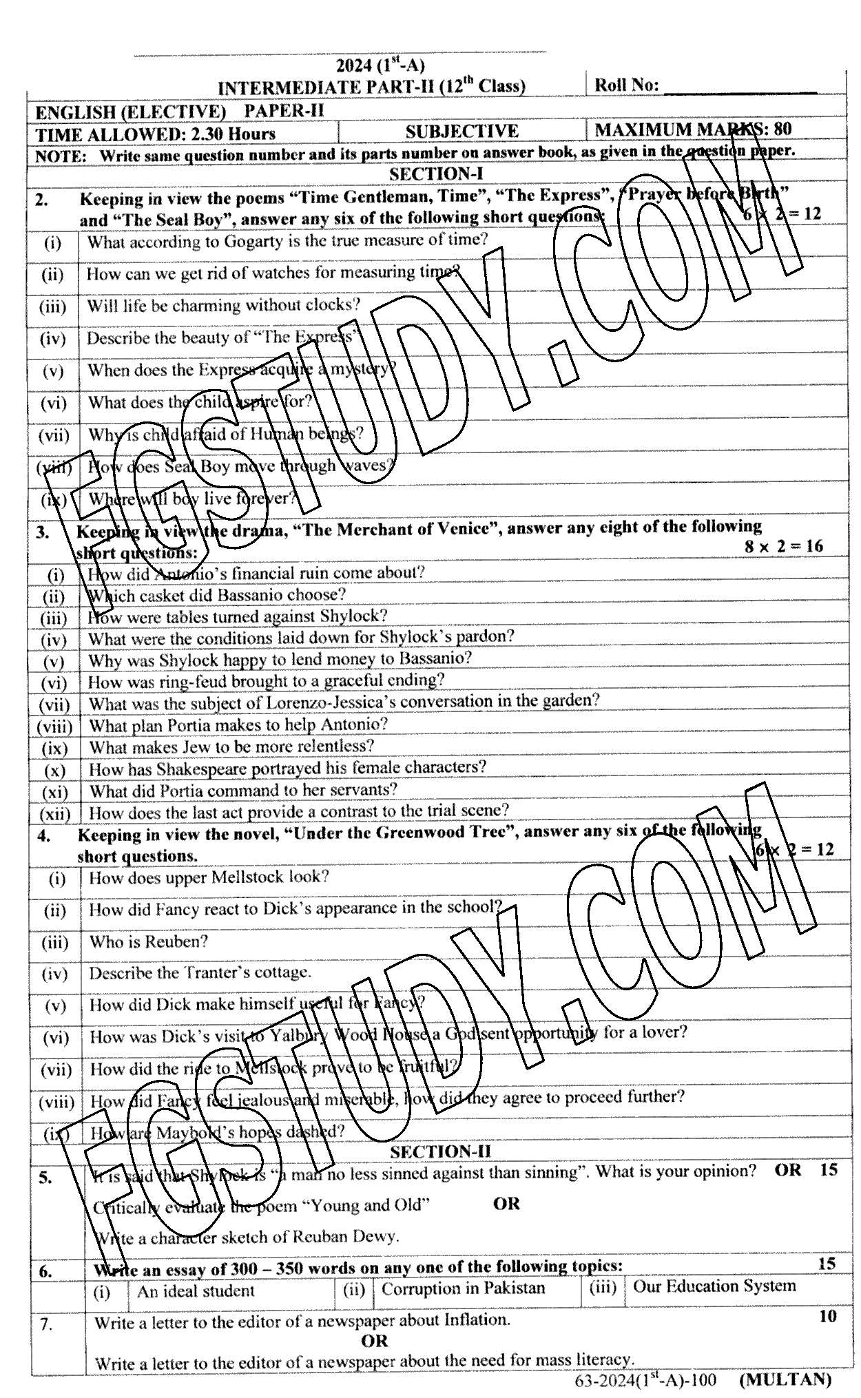 12th Class English Elective Past Paper 2024 Multan Board Subjective