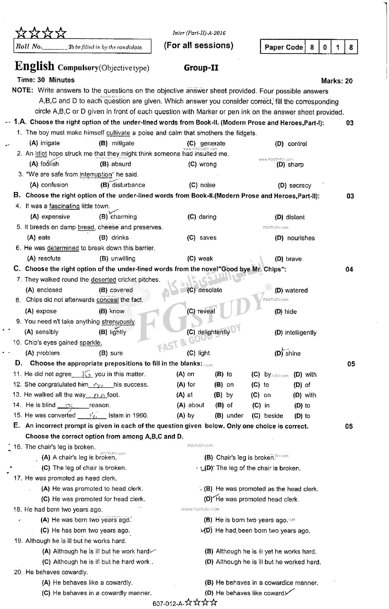 12th Class English Past Paper 2016 Rawalpindi Board Group 2 Objective