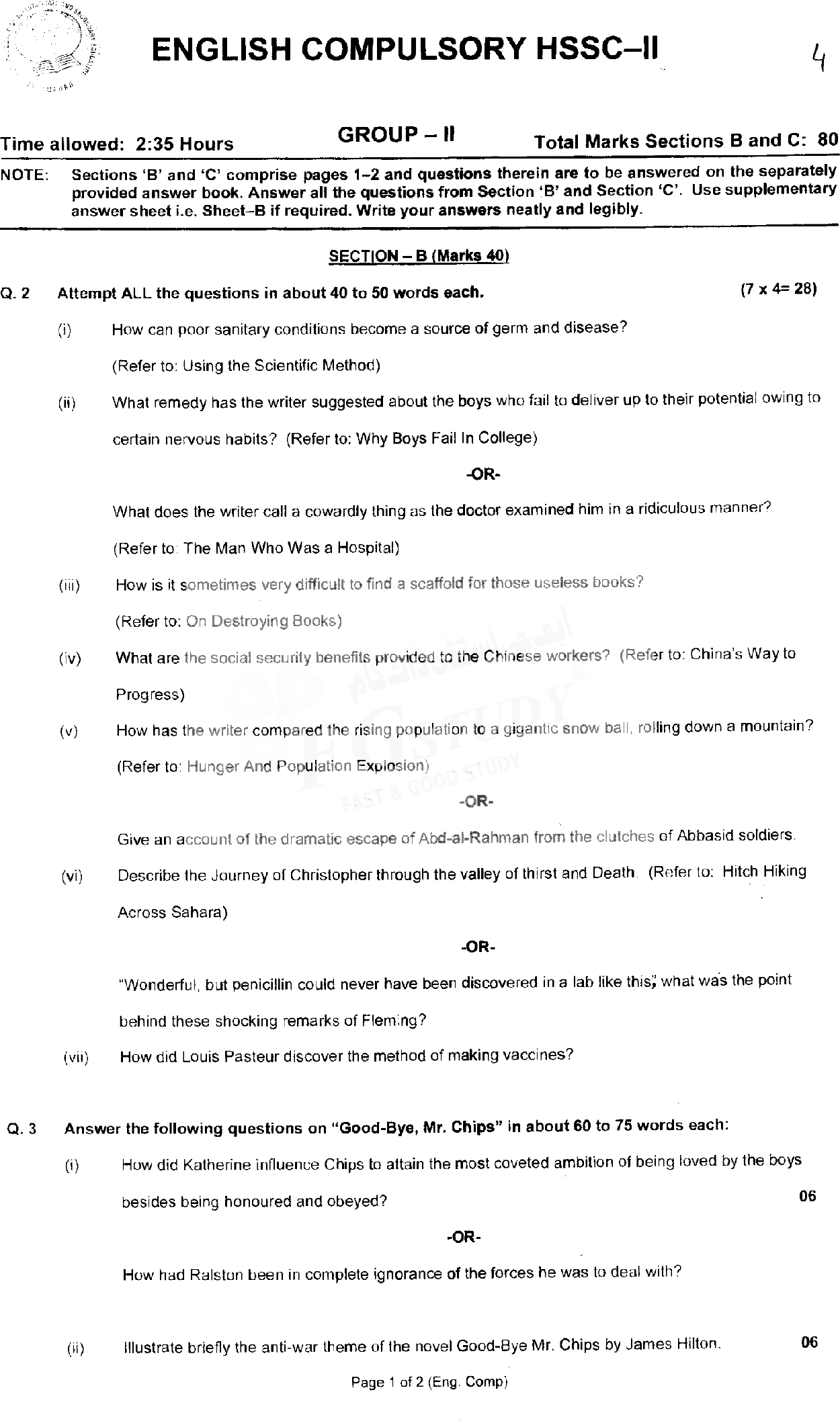 12th Class English Past Paper 2018 Federal Board Islamabad Group 2 Subjective